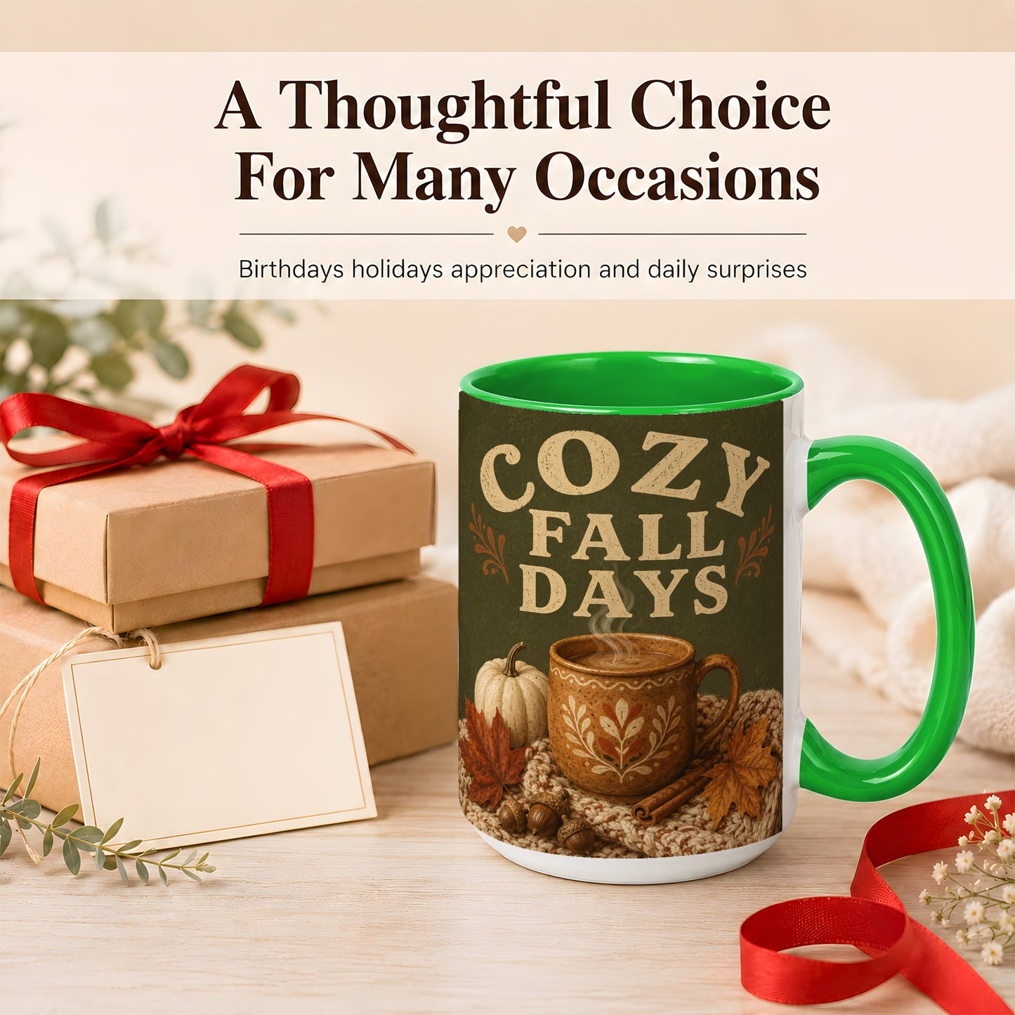 #pl[15oz|Green] Cozy Autumn Coffee Mug, Pumpkin Leaves Mug, Ceramic Cup