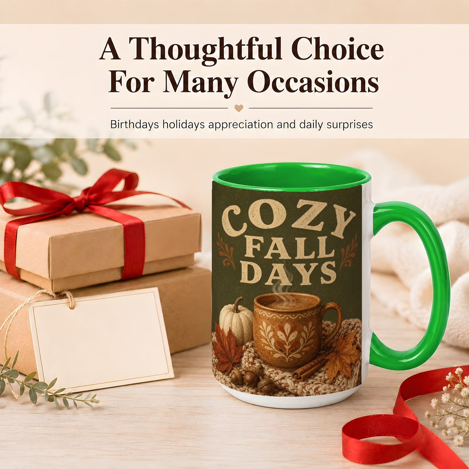 #pl[15oz|Green] Cozy Autumn Coffee Mug, Pumpkin Leaves Mug, Ceramic Cup