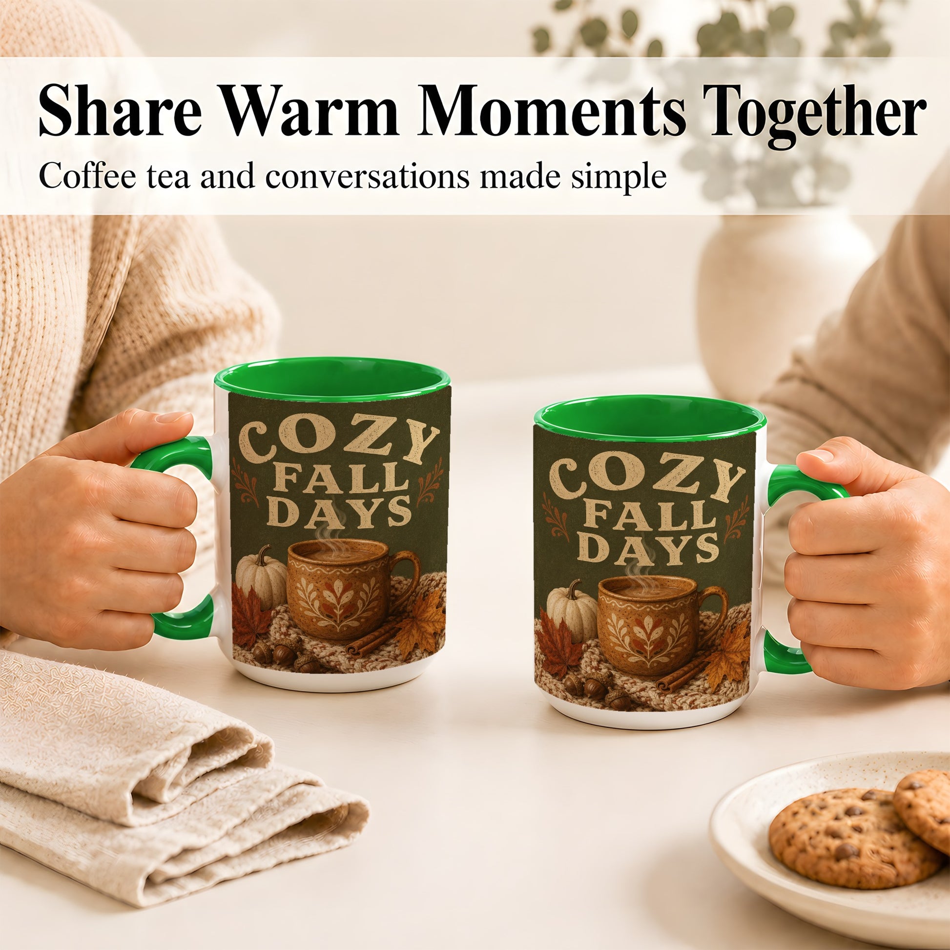 #pl[15oz|Green] Cozy Autumn Coffee Mug, Pumpkin Leaves Mug, Ceramic Cup