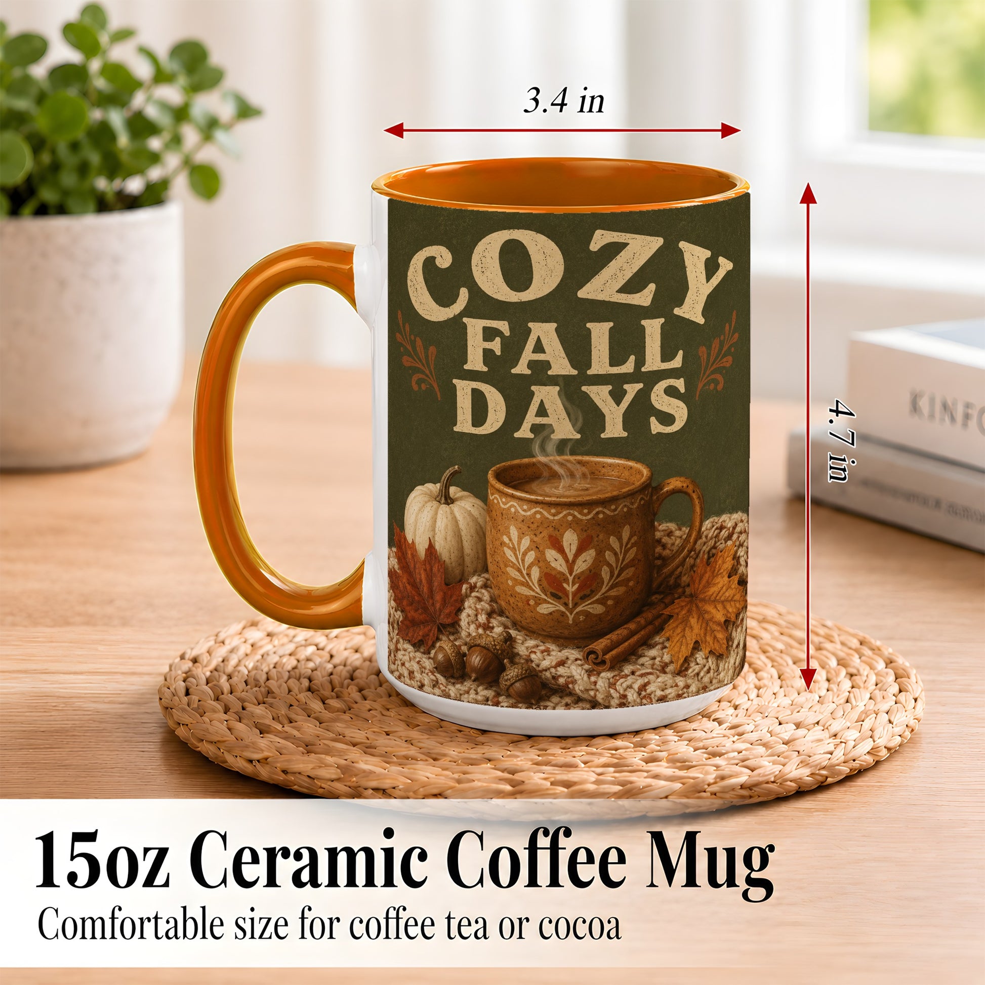 #pl[15oz|Orange] Cozy Autumn Coffee Mug, Pumpkin Leaves Mug, Ceramic Cup