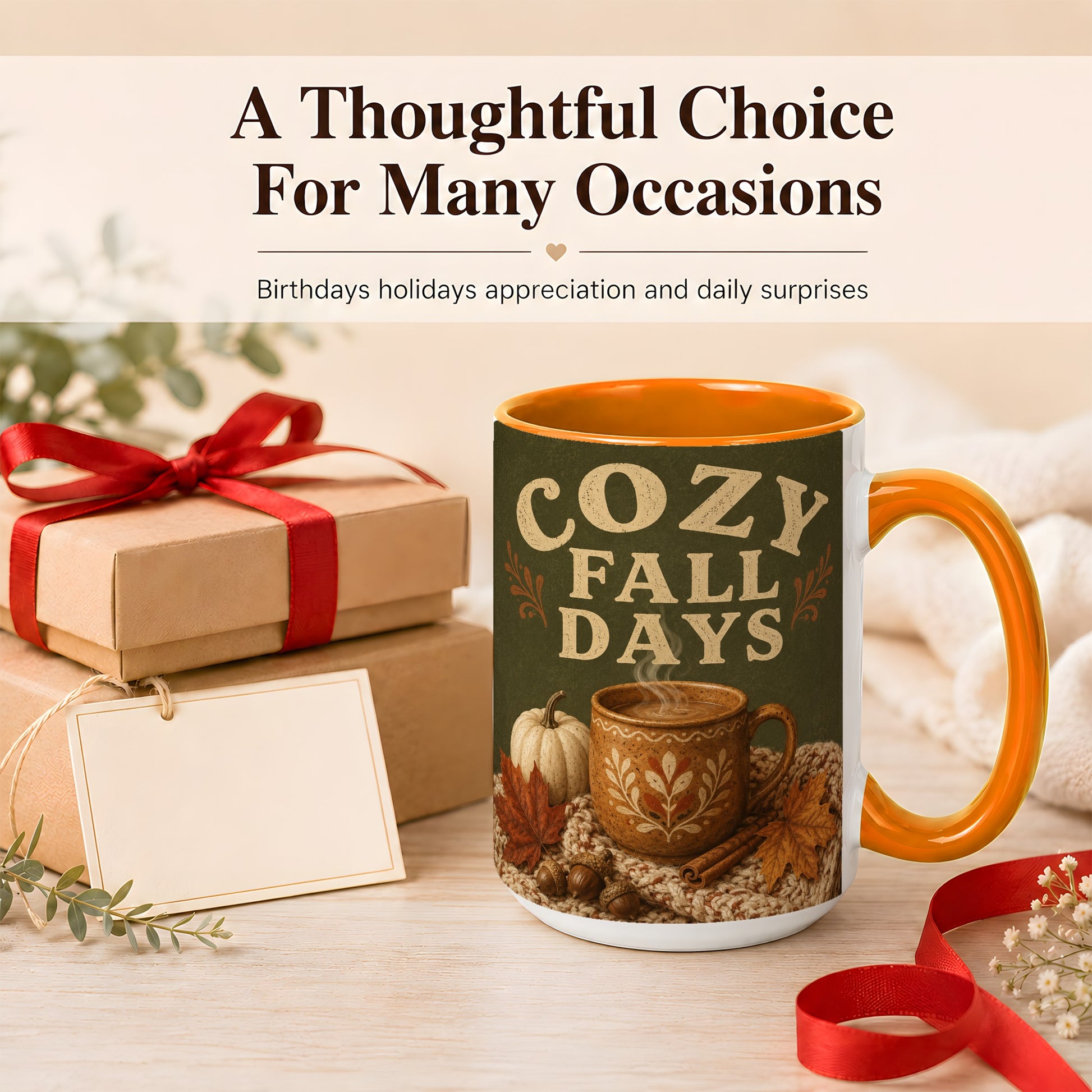 #pl[15oz|Orange] Cozy Autumn Coffee Mug, Pumpkin Leaves Mug, Ceramic Cup