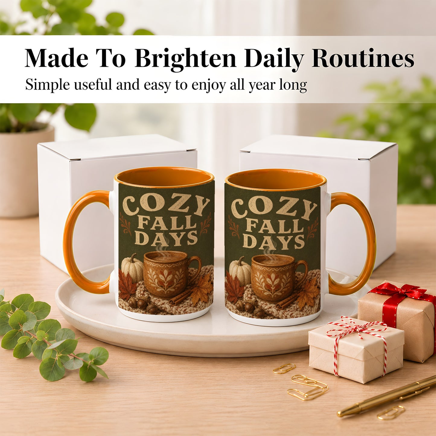 #pl[15oz|Orange] Cozy Autumn Coffee Mug, Pumpkin Leaves Mug, Ceramic Cup