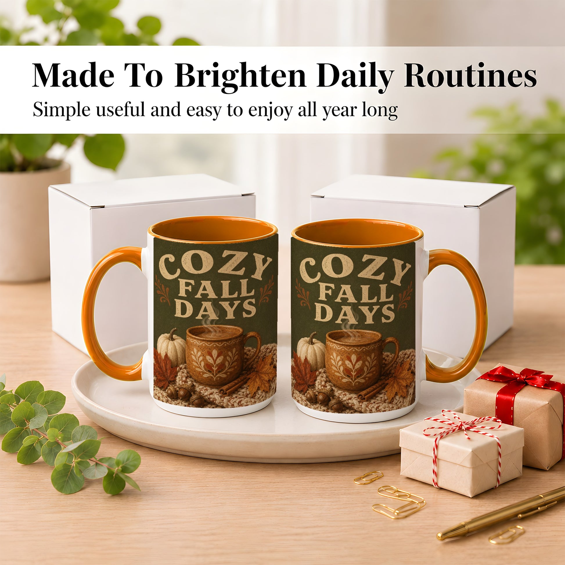 #pl[15oz|Orange] Cozy Autumn Coffee Mug, Pumpkin Leaves Mug, Ceramic Cup