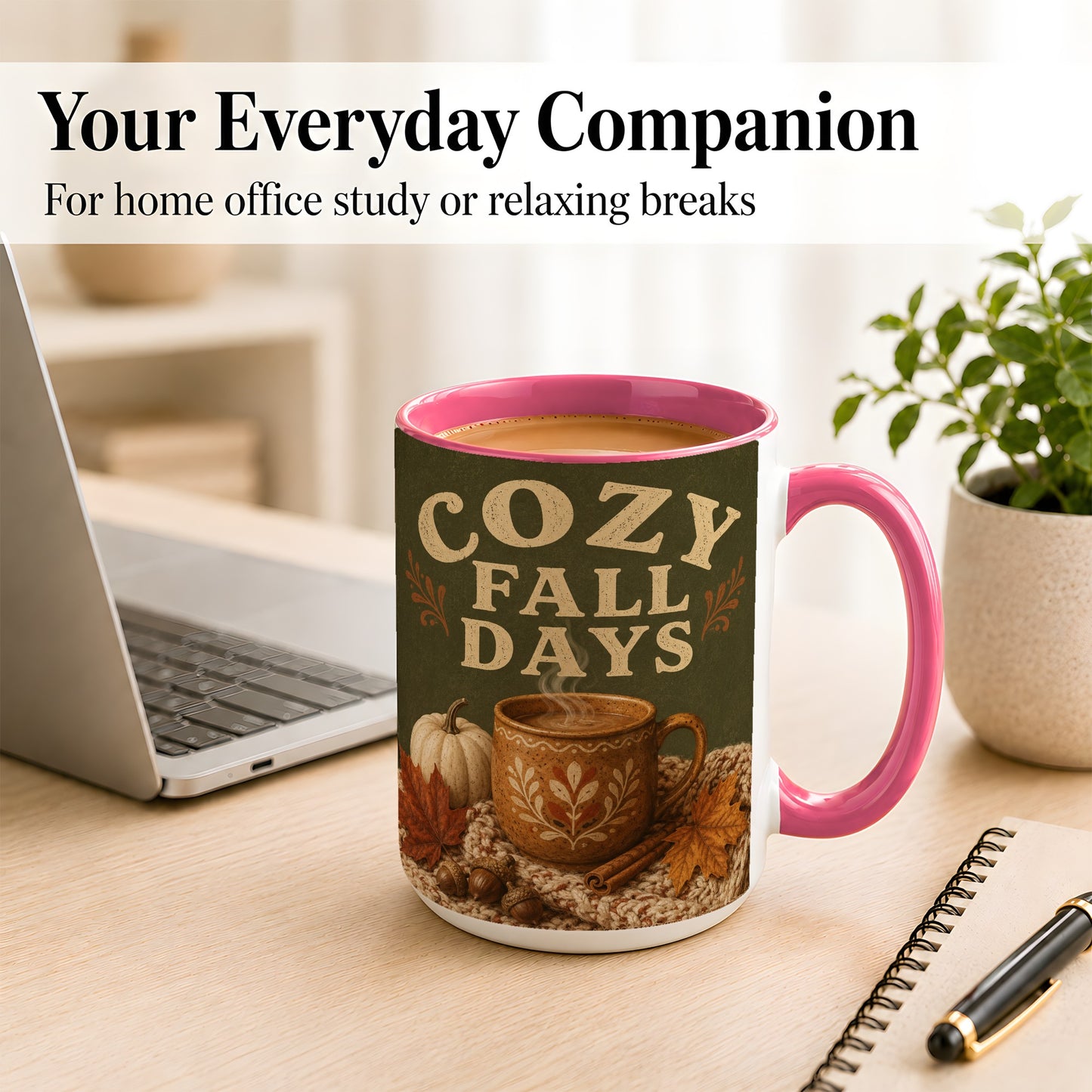 #pl[15oz|Pink] Cozy Autumn Coffee Mug, Pumpkin Leaves Mug, Ceramic Cup