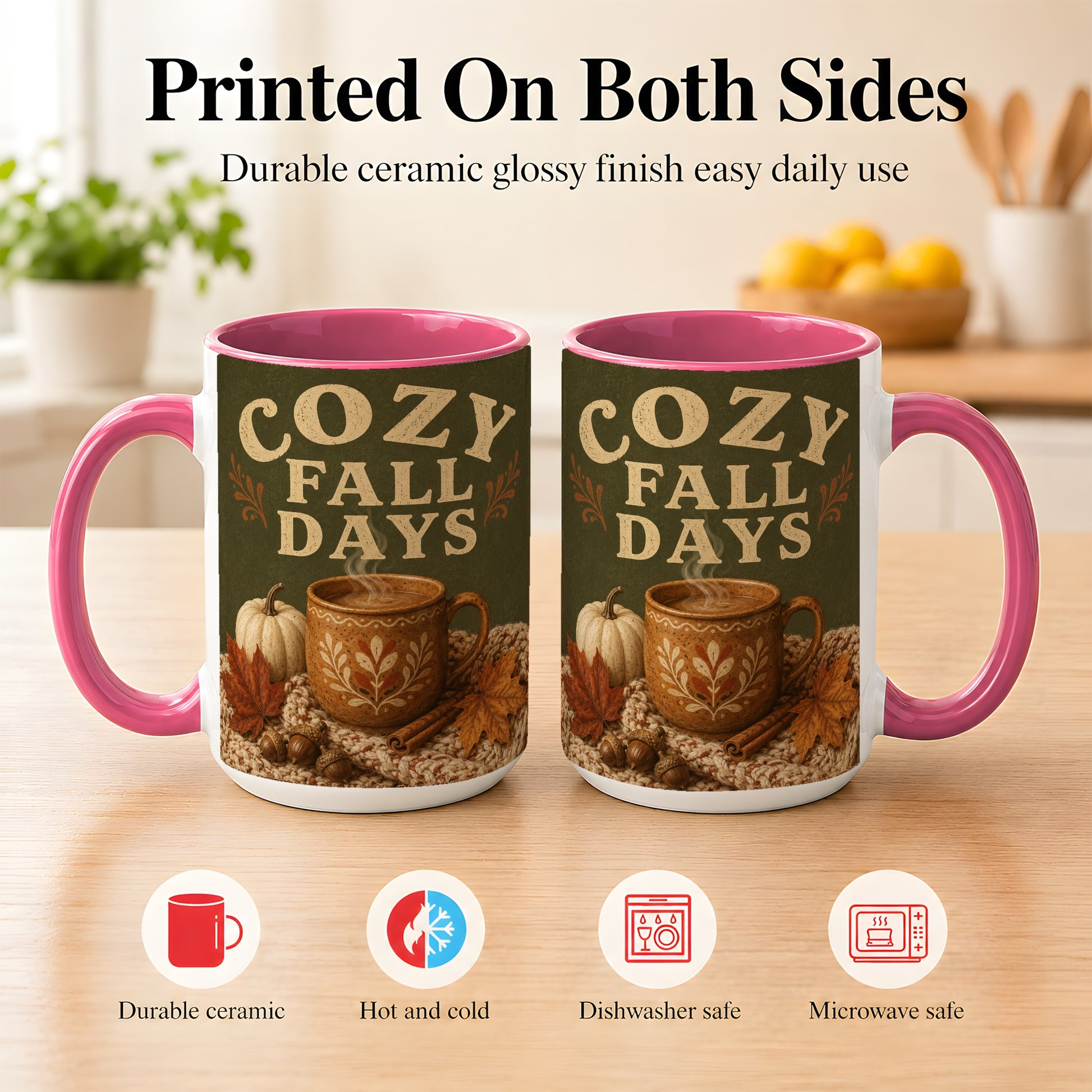 #pl[15oz|Pink] Cozy Autumn Coffee Mug, Pumpkin Leaves Mug, Ceramic Cup