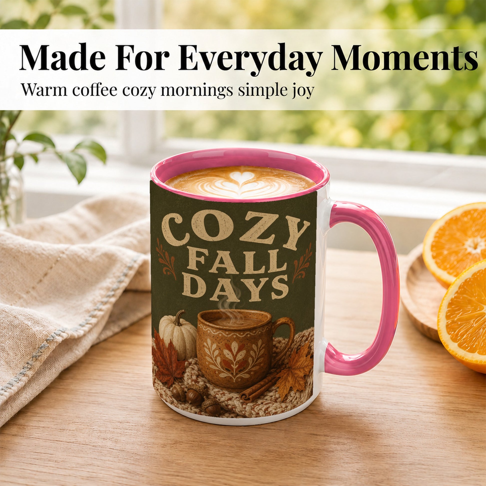 #pl[15oz|Pink] Cozy Autumn Coffee Mug, Pumpkin Leaves Mug, Ceramic Cup