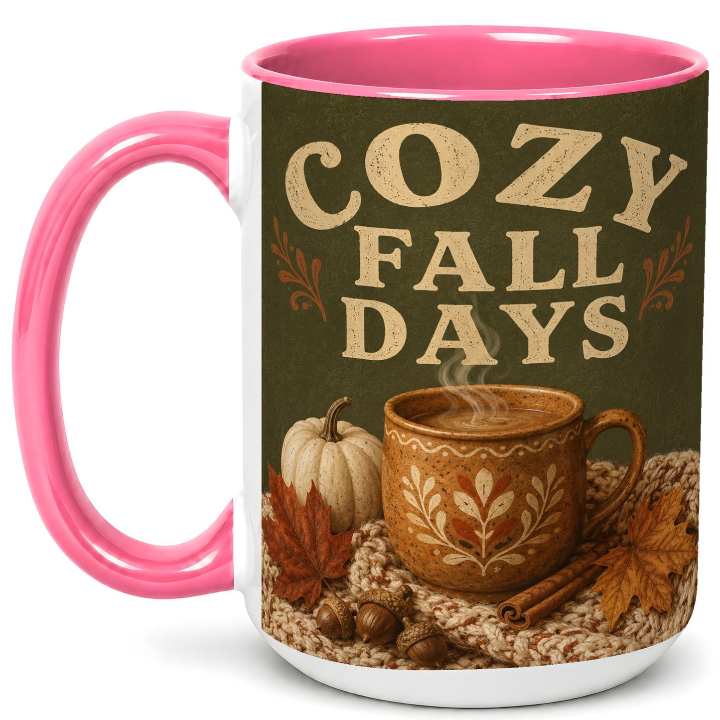 #pl[15oz|Pink] Cozy Autumn Coffee Mug, Pumpkin Leaves Mug, Ceramic Cup