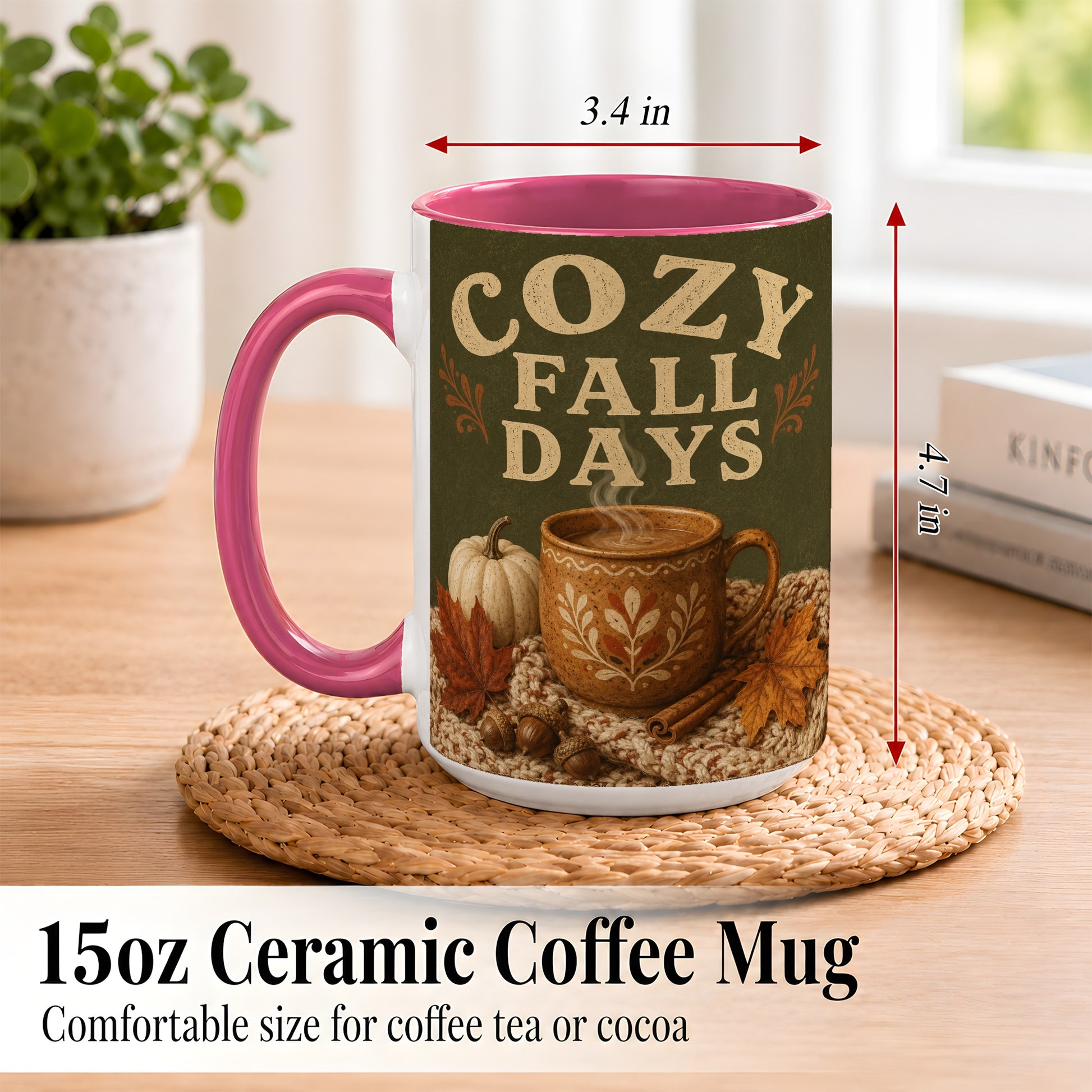#pl[15oz|Pink] Cozy Autumn Coffee Mug, Pumpkin Leaves Mug, Ceramic Cup