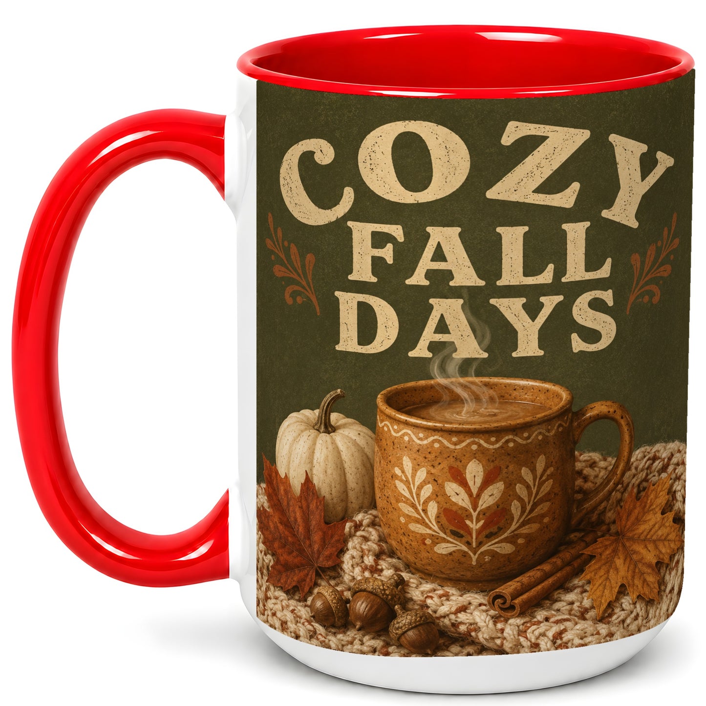 #pl[15oz|Red] Cozy Autumn Coffee Mug, Pumpkin Leaves Mug, Ceramic Cup