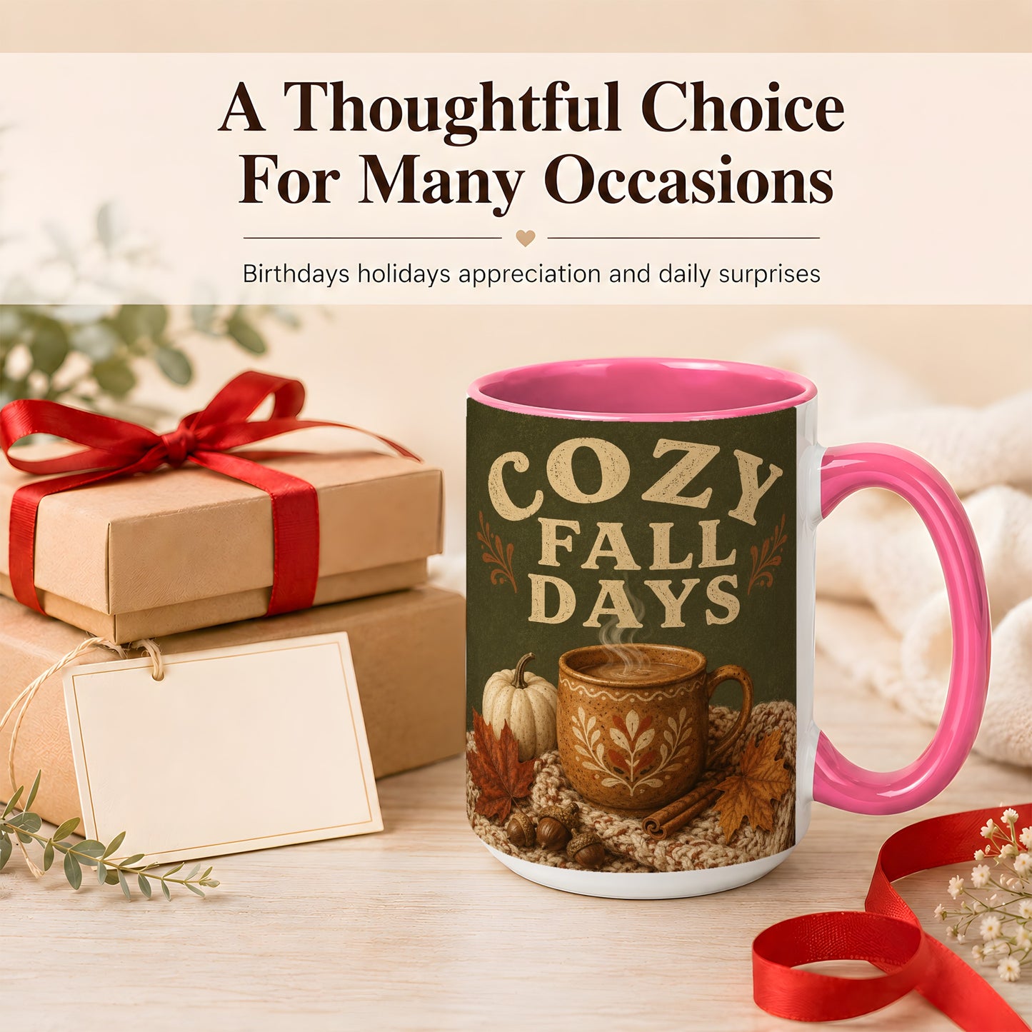 #pl[15oz|Pink] Cozy Autumn Coffee Mug, Pumpkin Leaves Mug, Ceramic Cup