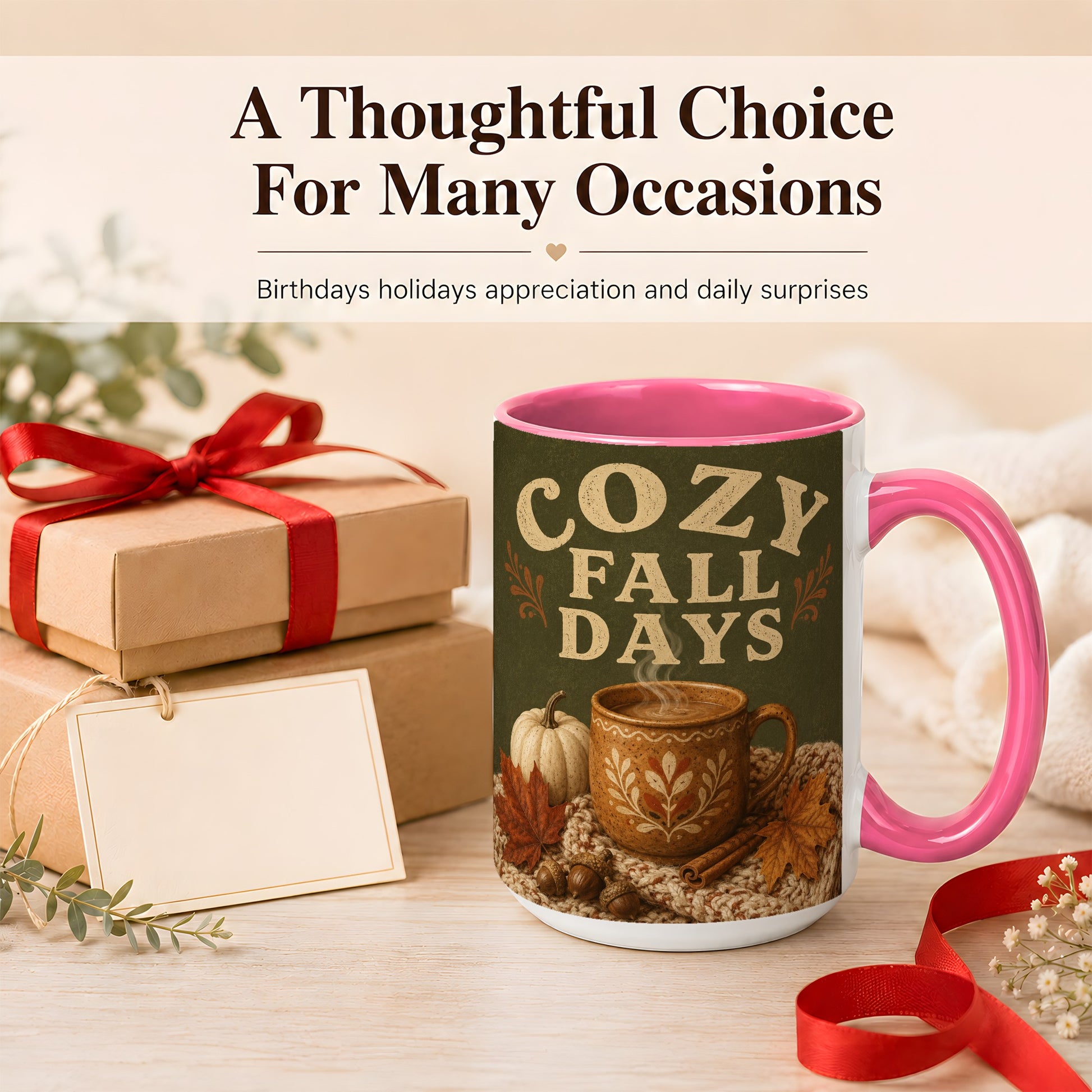 #pl[15oz|Pink] Cozy Autumn Coffee Mug, Pumpkin Leaves Mug, Ceramic Cup