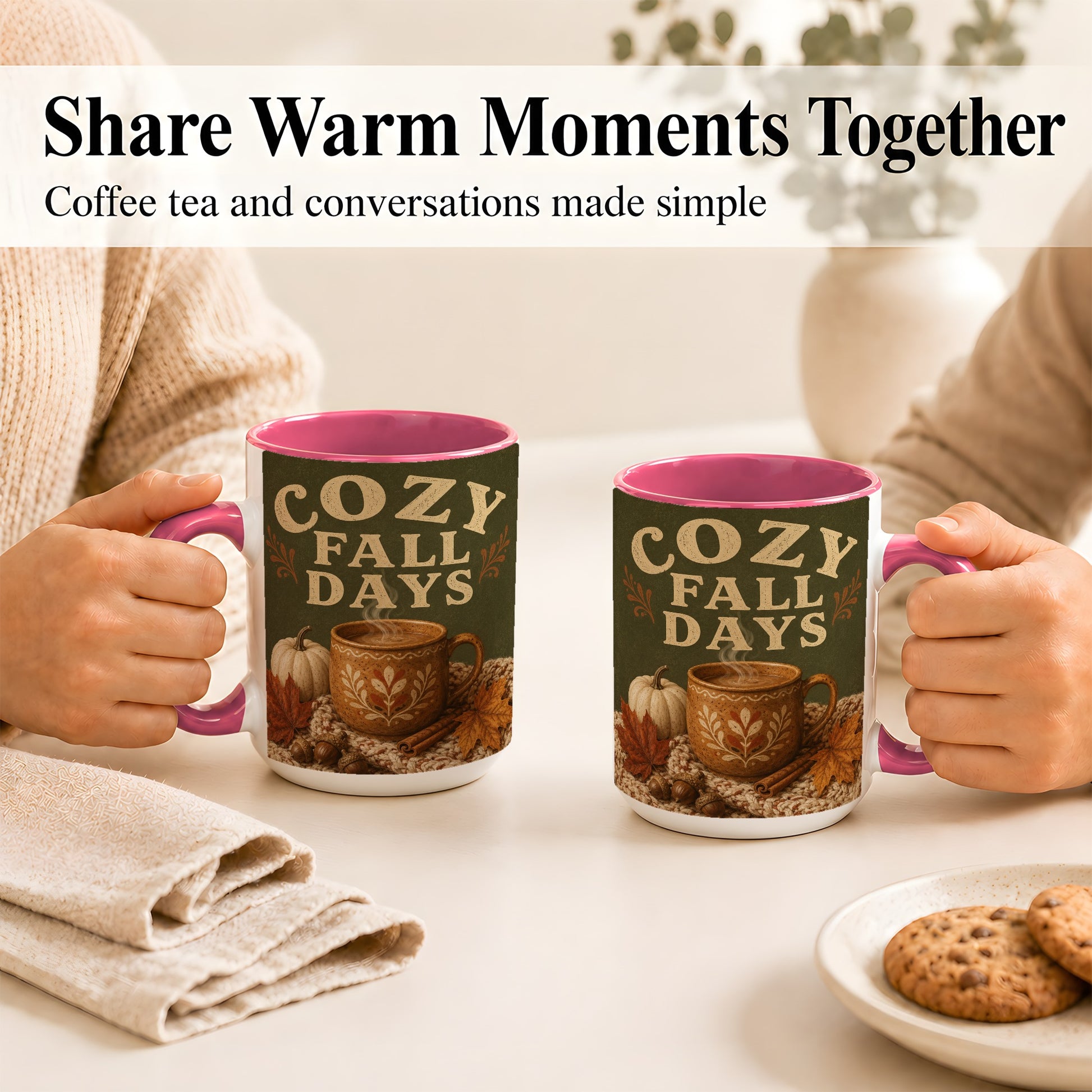 #pl[15oz|Pink] Cozy Autumn Coffee Mug, Pumpkin Leaves Mug, Ceramic Cup