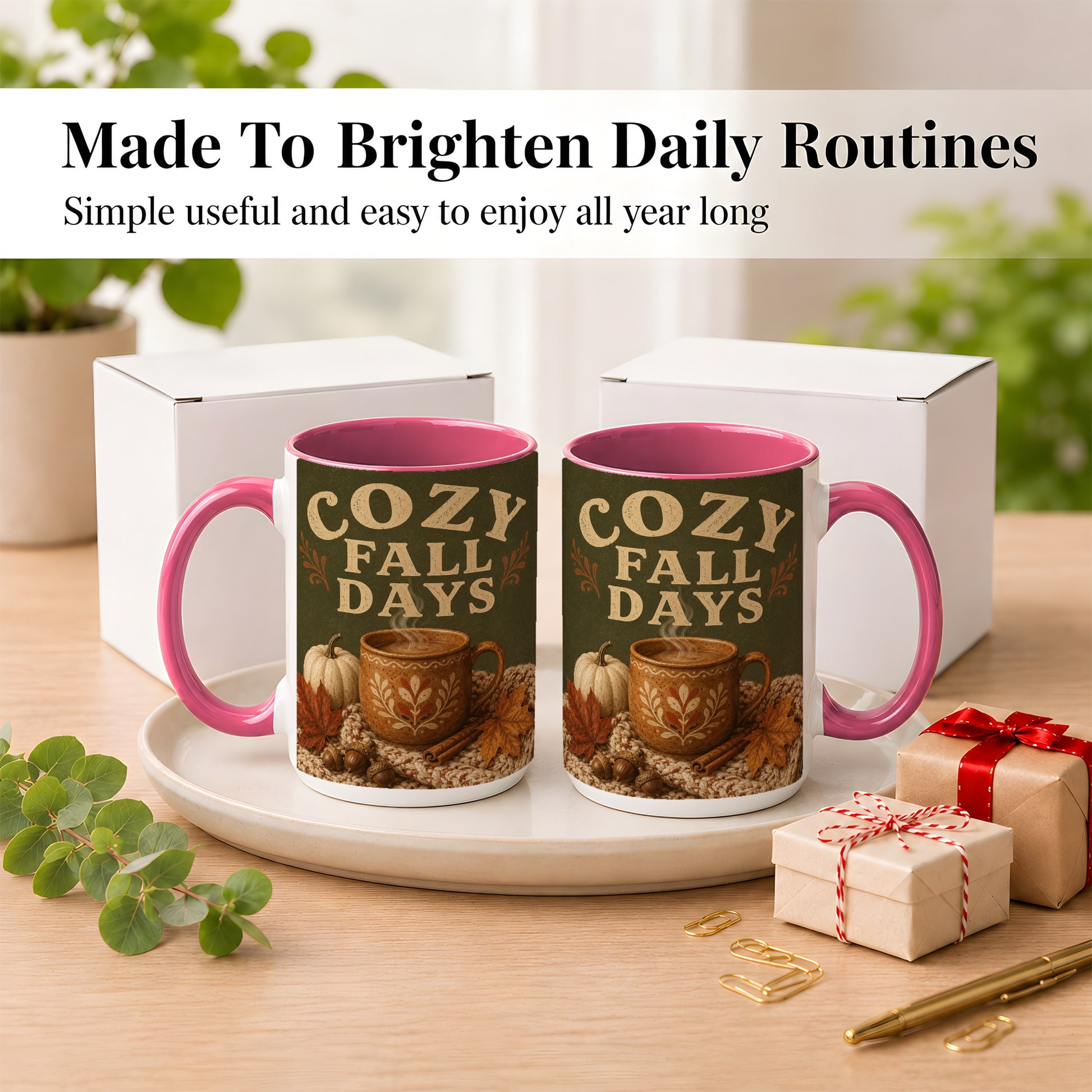 #pl[15oz|Pink] Cozy Autumn Coffee Mug, Pumpkin Leaves Mug, Ceramic Cup