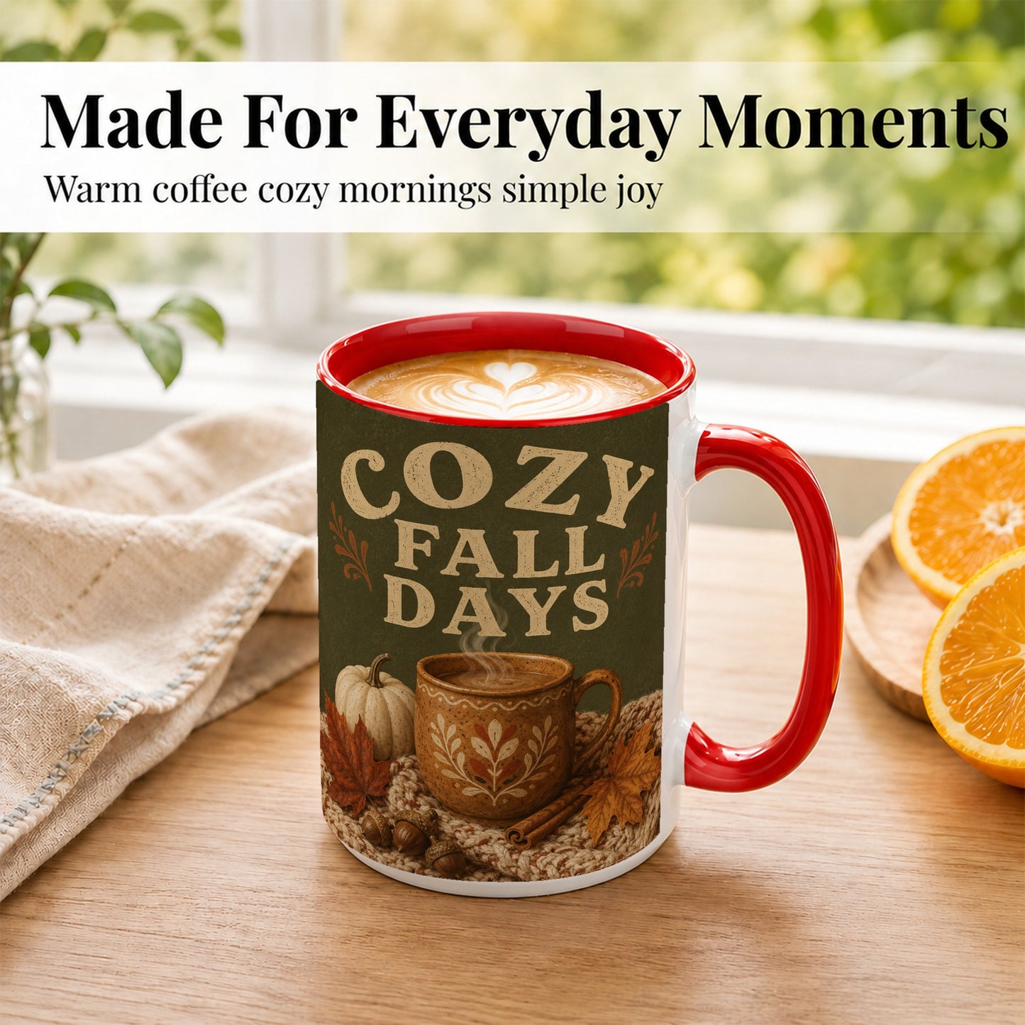 #pl[15oz|Red] Cozy Autumn Coffee Mug, Pumpkin Leaves Mug, Ceramic Cup