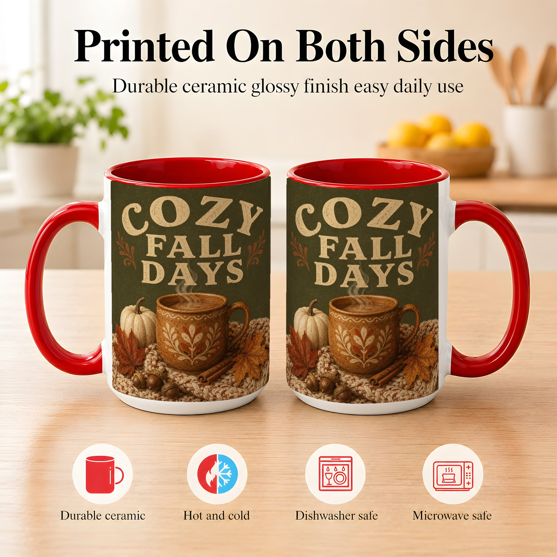 #pl[15oz|Red] Cozy Autumn Coffee Mug, Pumpkin Leaves Mug, Ceramic Cup