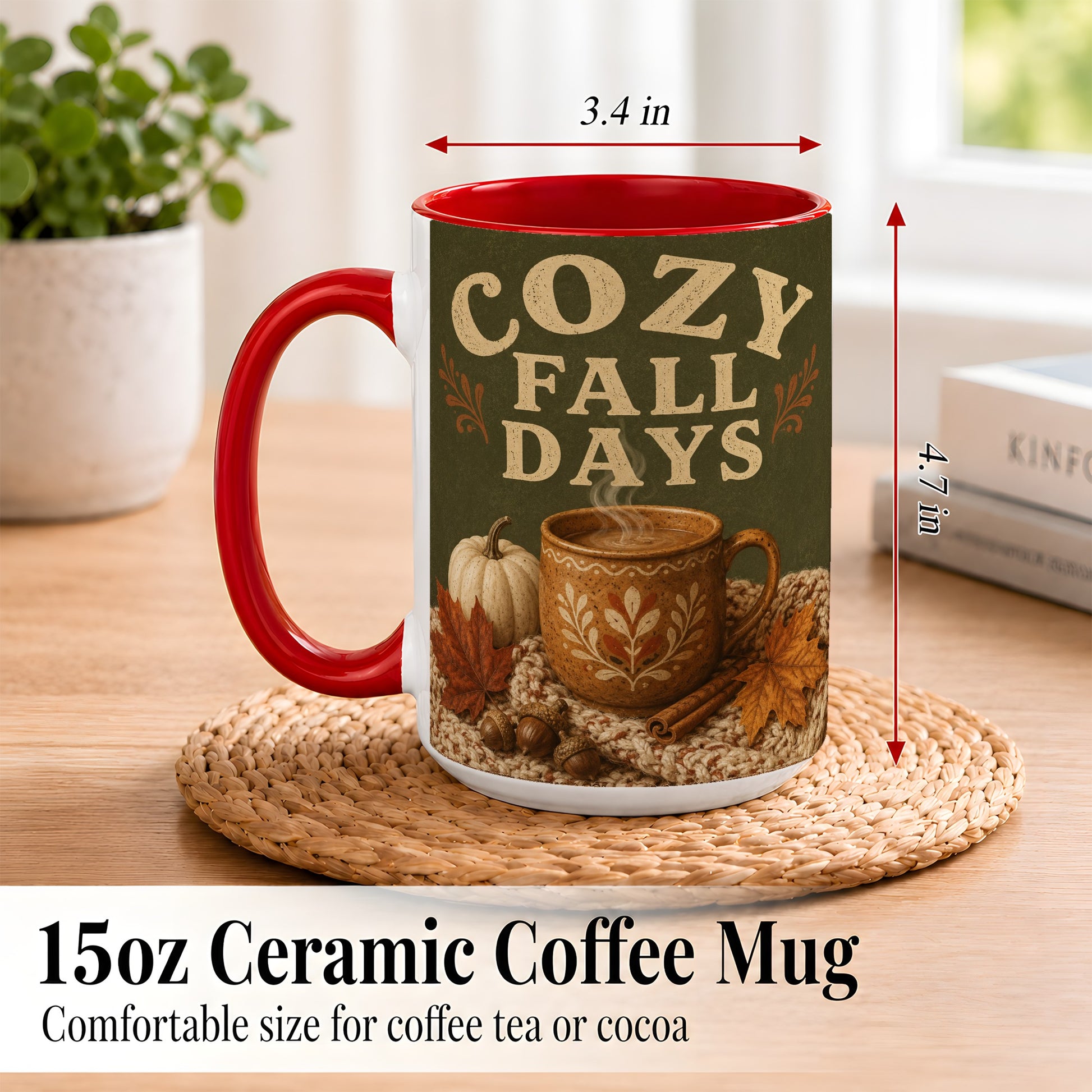 #pl[15oz|Red] Cozy Autumn Coffee Mug, Pumpkin Leaves Mug, Ceramic Cup
