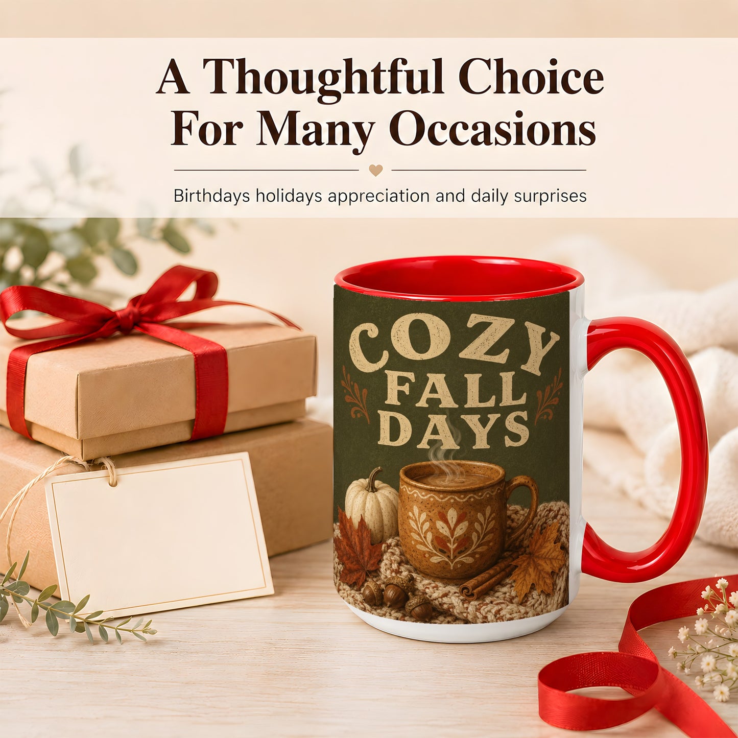 #pl[15oz|Red] Cozy Autumn Coffee Mug, Pumpkin Leaves Mug, Ceramic Cup