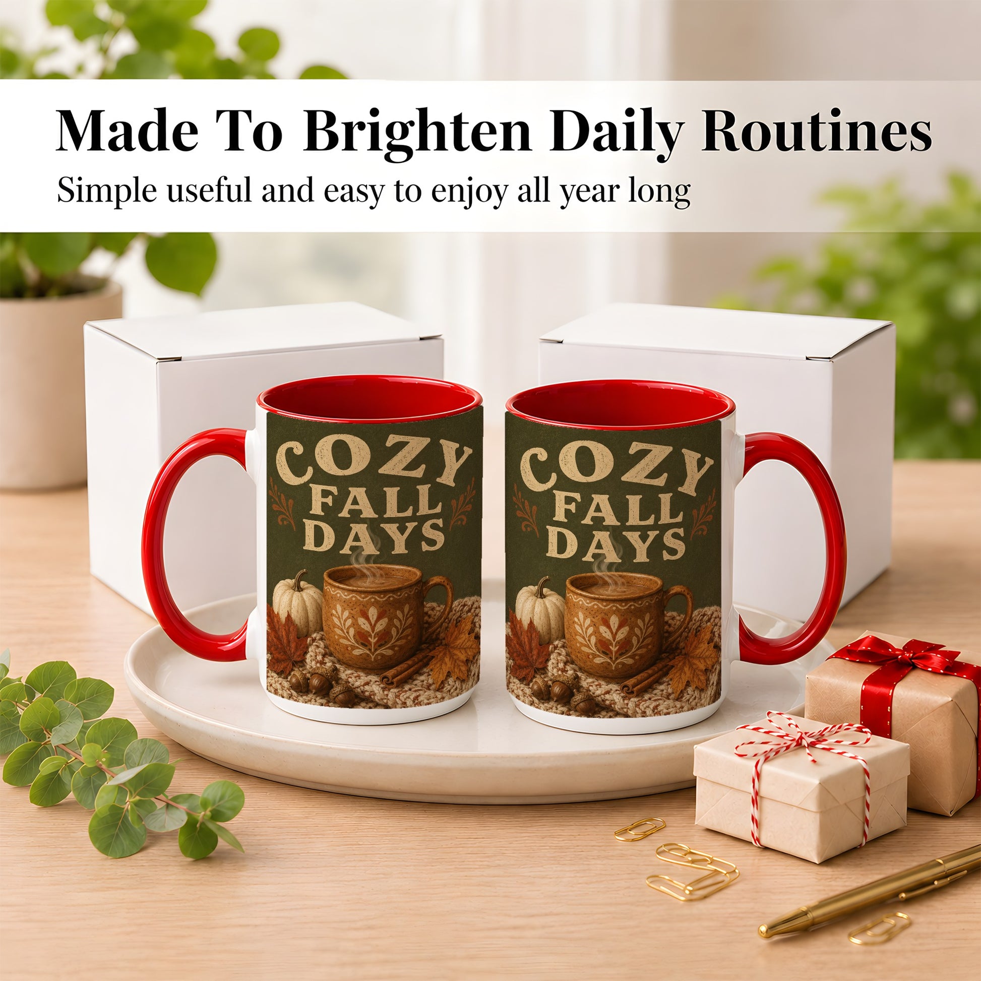 #pl[15oz|Red] Cozy Autumn Coffee Mug, Pumpkin Leaves Mug, Ceramic Cup