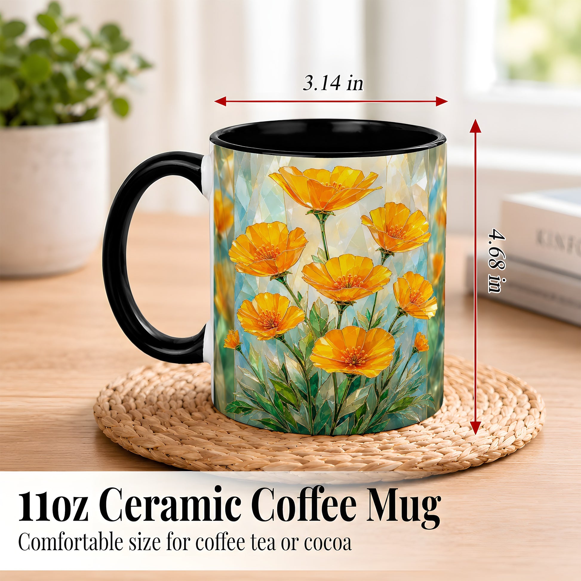 #pl[11oz|Black] Orange Poppy Coffee Mug, Stained Glass Style Mug, Ceramic Cup