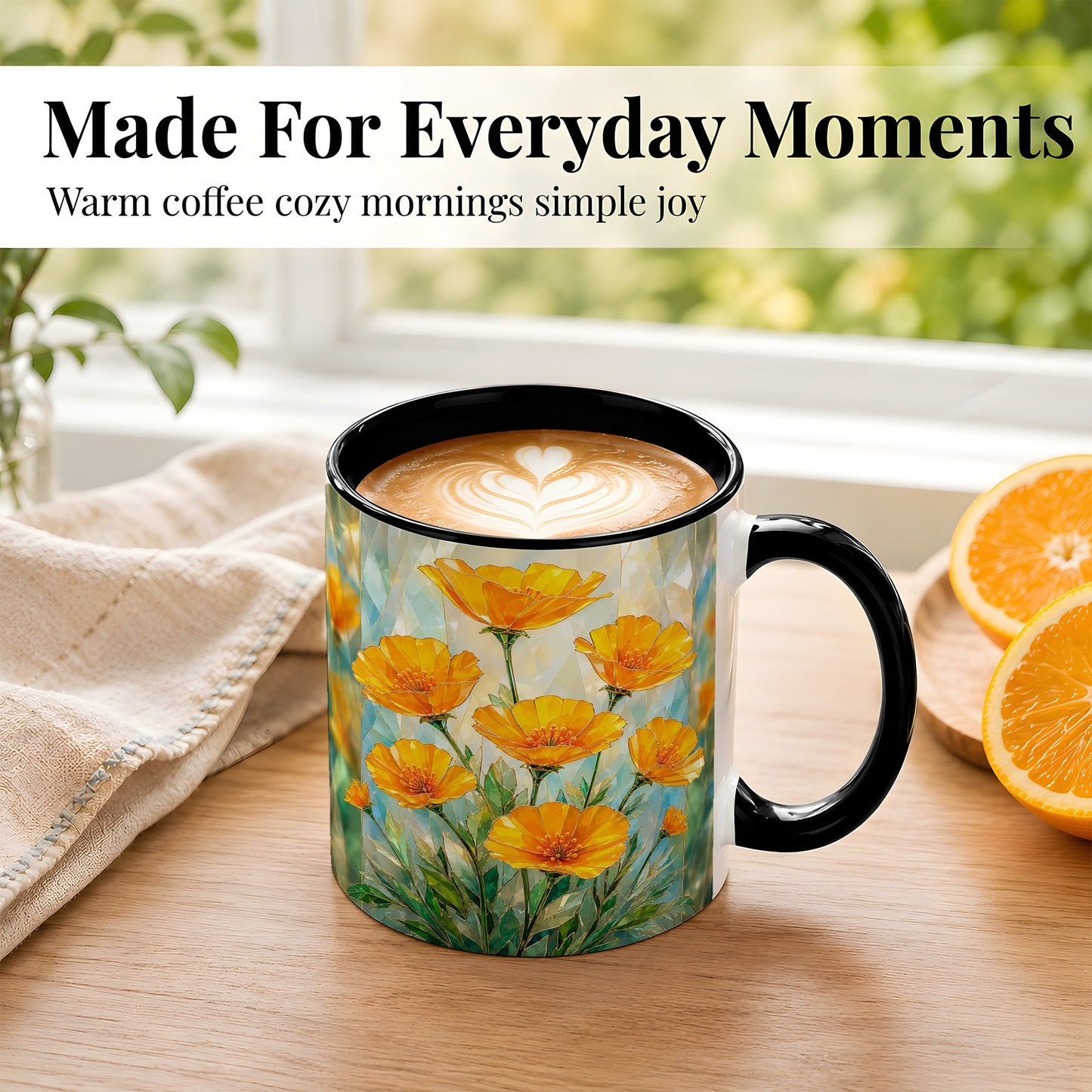 #pl[11oz|Black] Orange Poppy Coffee Mug, Stained Glass Style Mug, Ceramic Cup