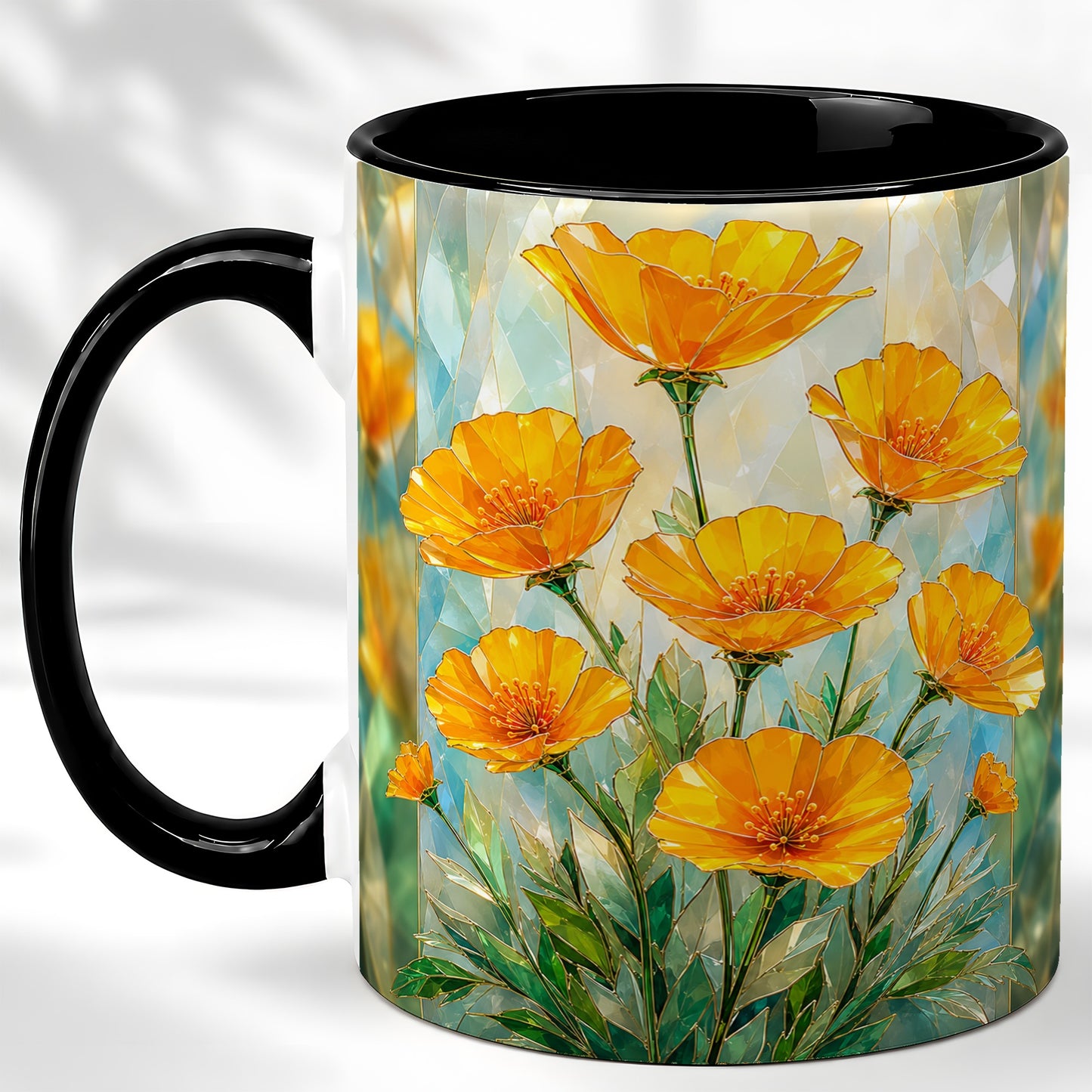#pl[11oz|Black] Orange Poppy Coffee Mug, Stained Glass Style Mug, Ceramic Cup