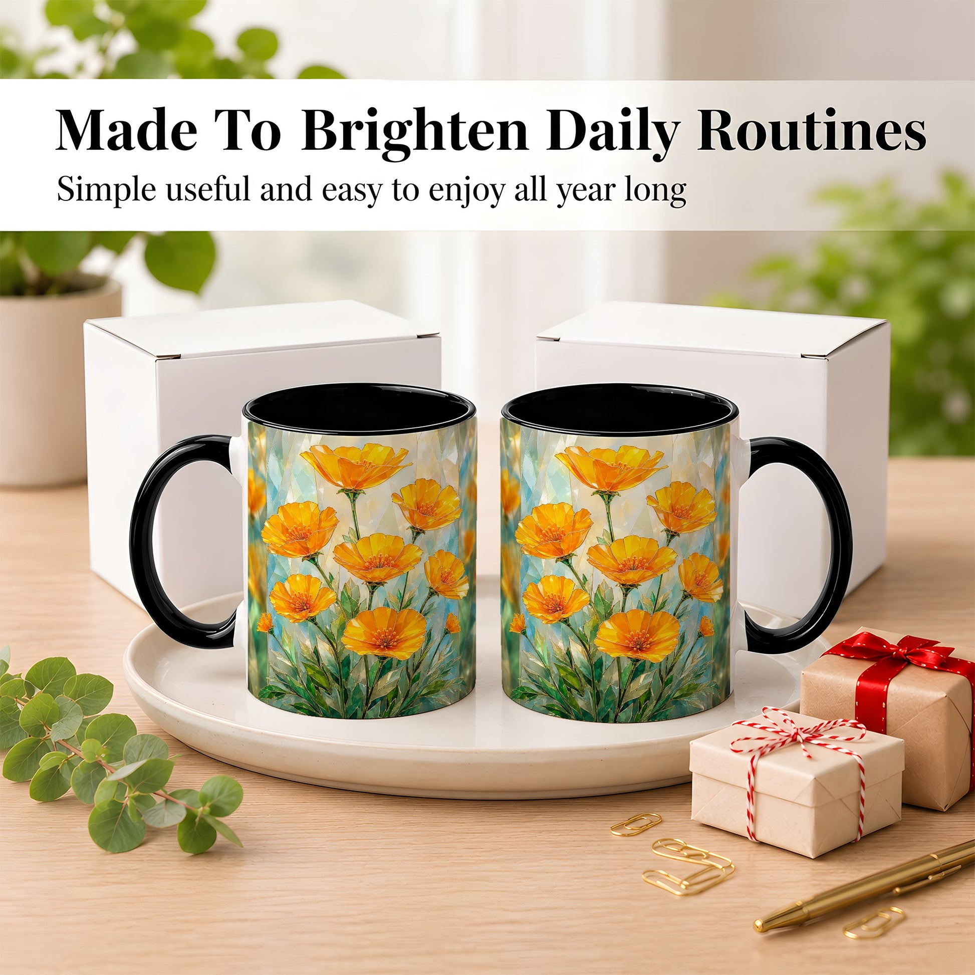 #pl[11oz|Black] Orange Poppy Coffee Mug, Stained Glass Style Mug, Ceramic Cup