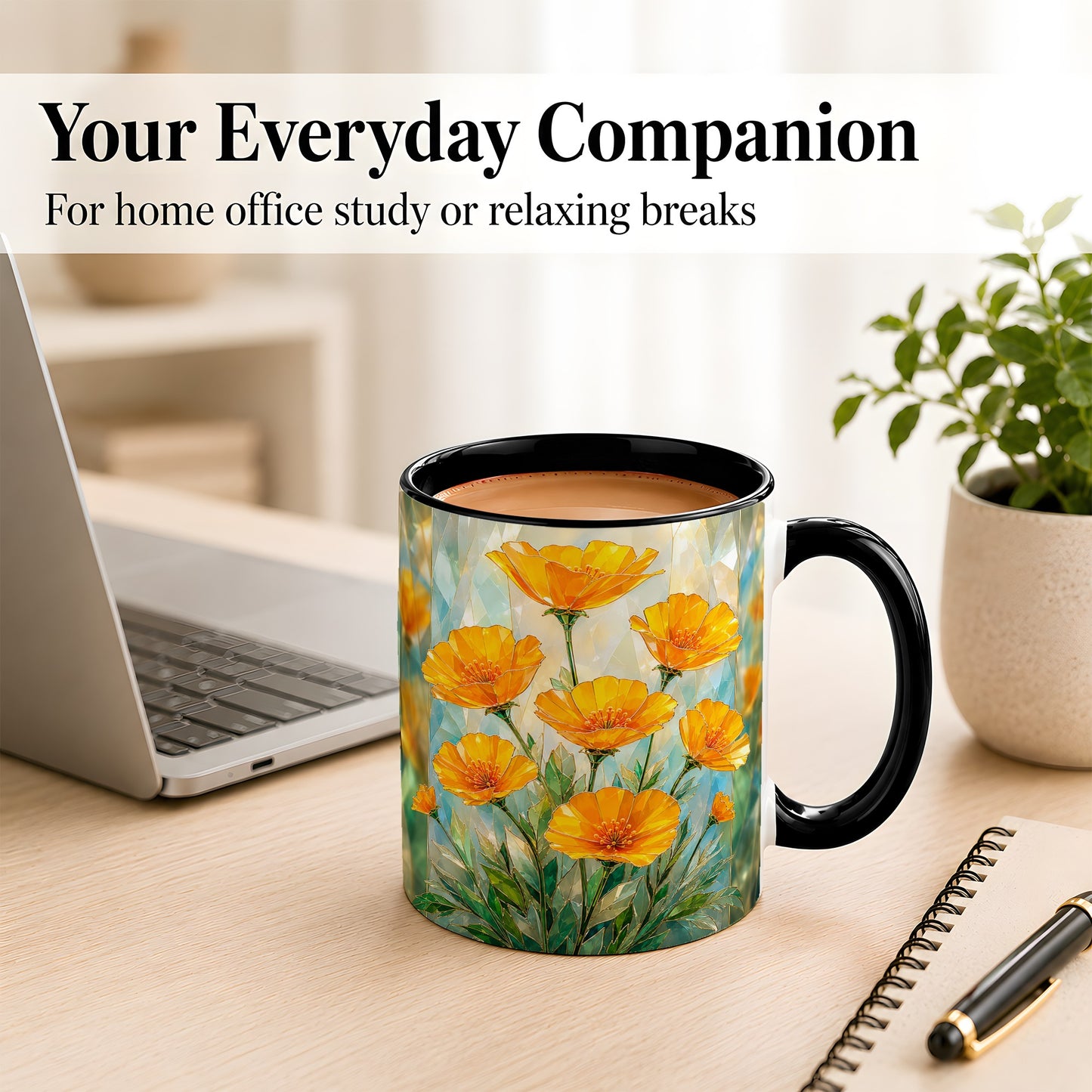 #pl[11oz|Black] Orange Poppy Coffee Mug, Stained Glass Style Mug, Ceramic Cup