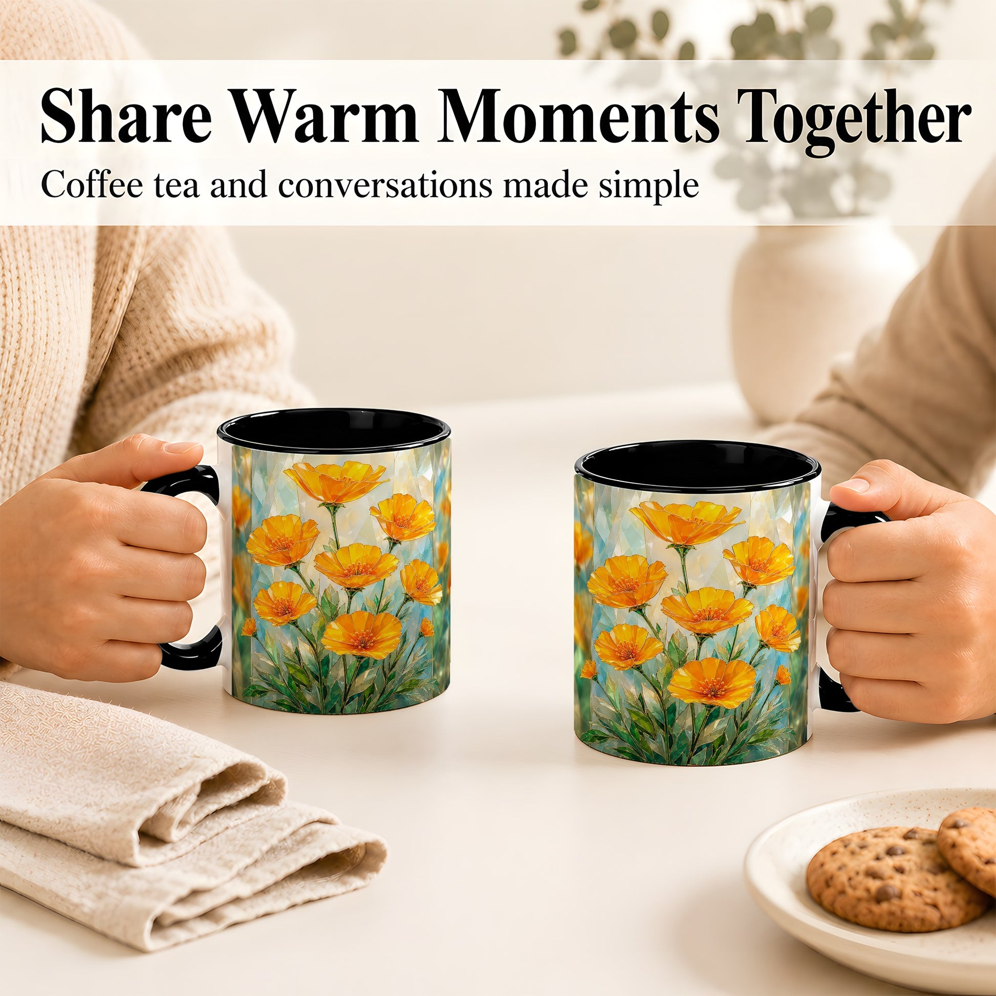 #pl[11oz|Black] Orange Poppy Coffee Mug, Stained Glass Style Mug, Ceramic Cup