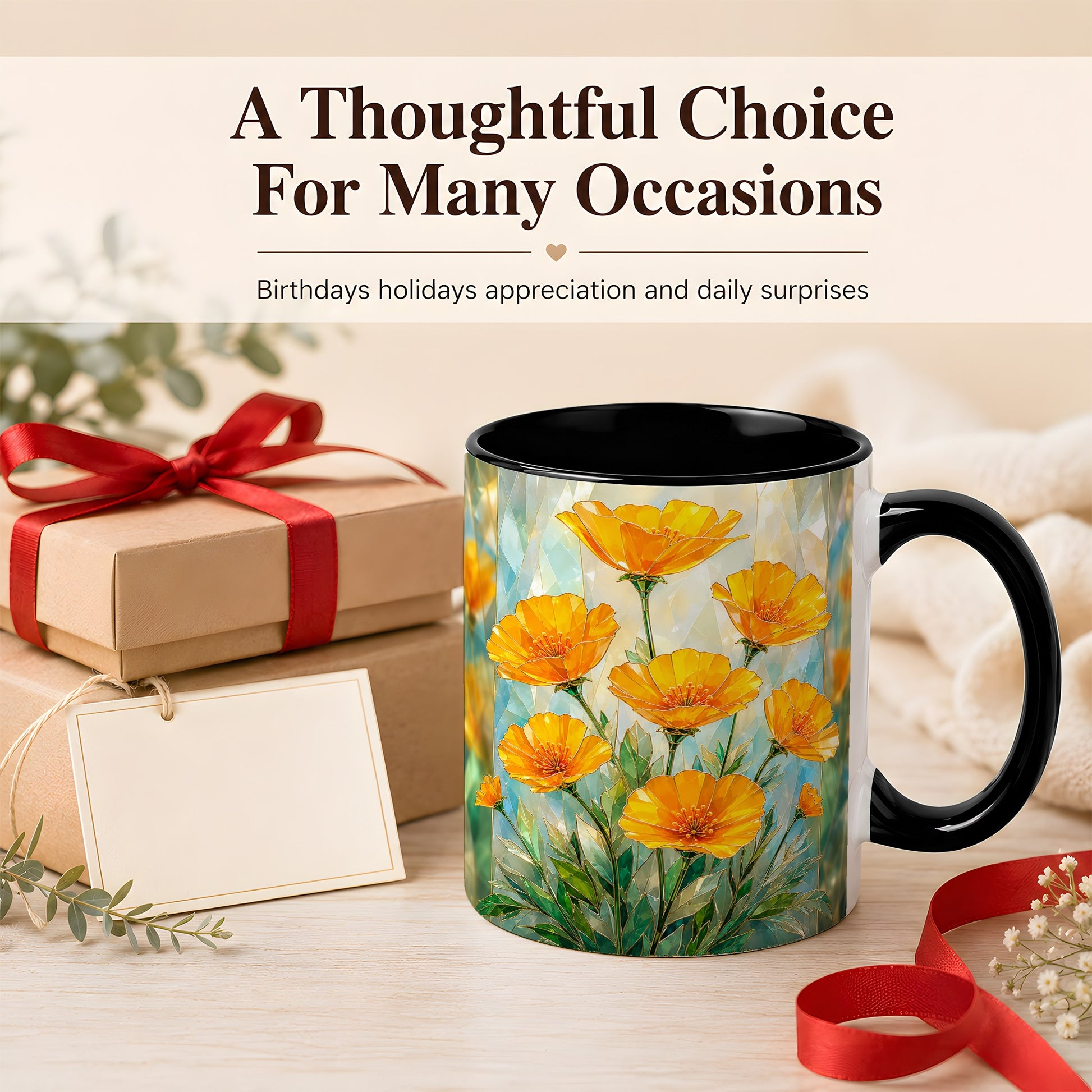 #pl[11oz|Black] Orange Poppy Coffee Mug, Stained Glass Style Mug, Ceramic Cup