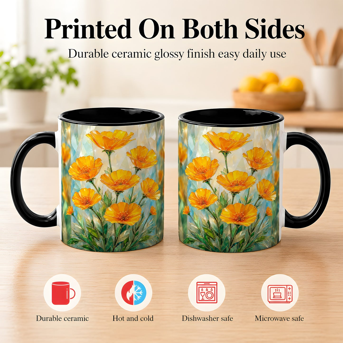 #pl[11oz|Black] Orange Poppy Coffee Mug, Stained Glass Style Mug, Ceramic Cup