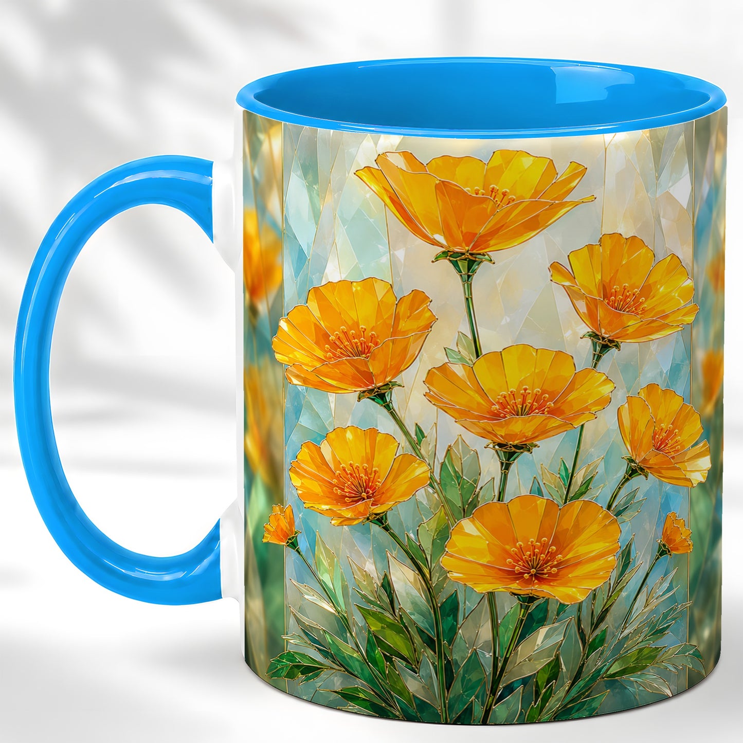 #pl[11oz|Blue] Orange Poppy Coffee Mug, Stained Glass Style Mug, Ceramic Cup