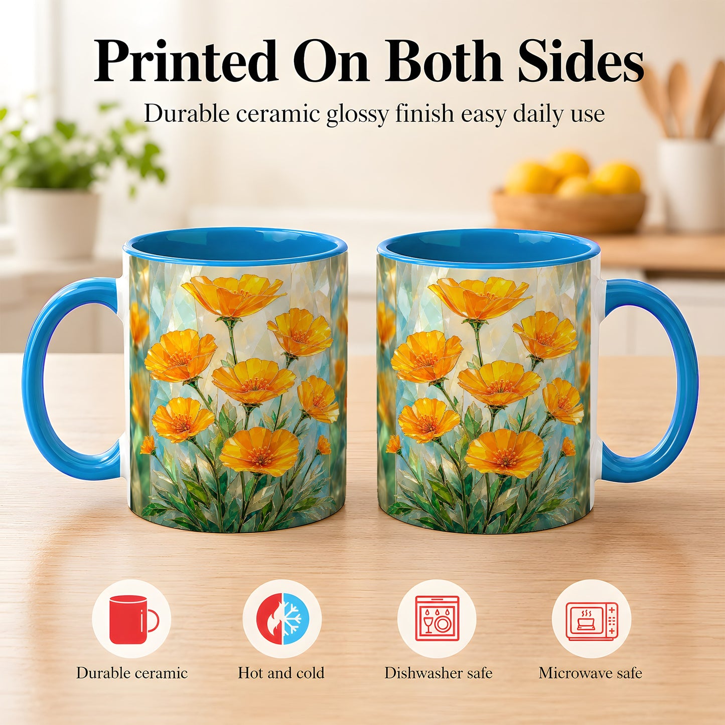 #pl[11oz|Blue] Orange Poppy Coffee Mug, Stained Glass Style Mug, Ceramic Cup