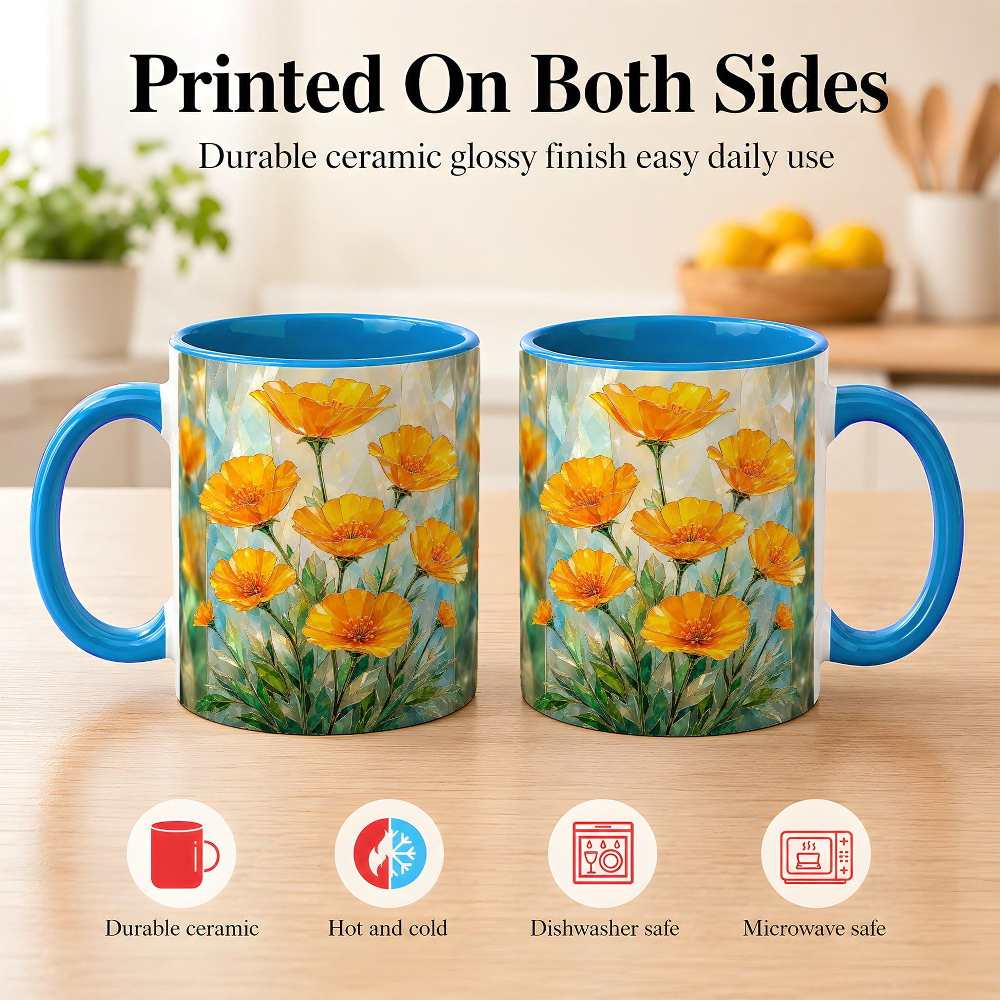 #pl[11oz|Blue] Orange Poppy Coffee Mug, Stained Glass Style Mug, Ceramic Cup