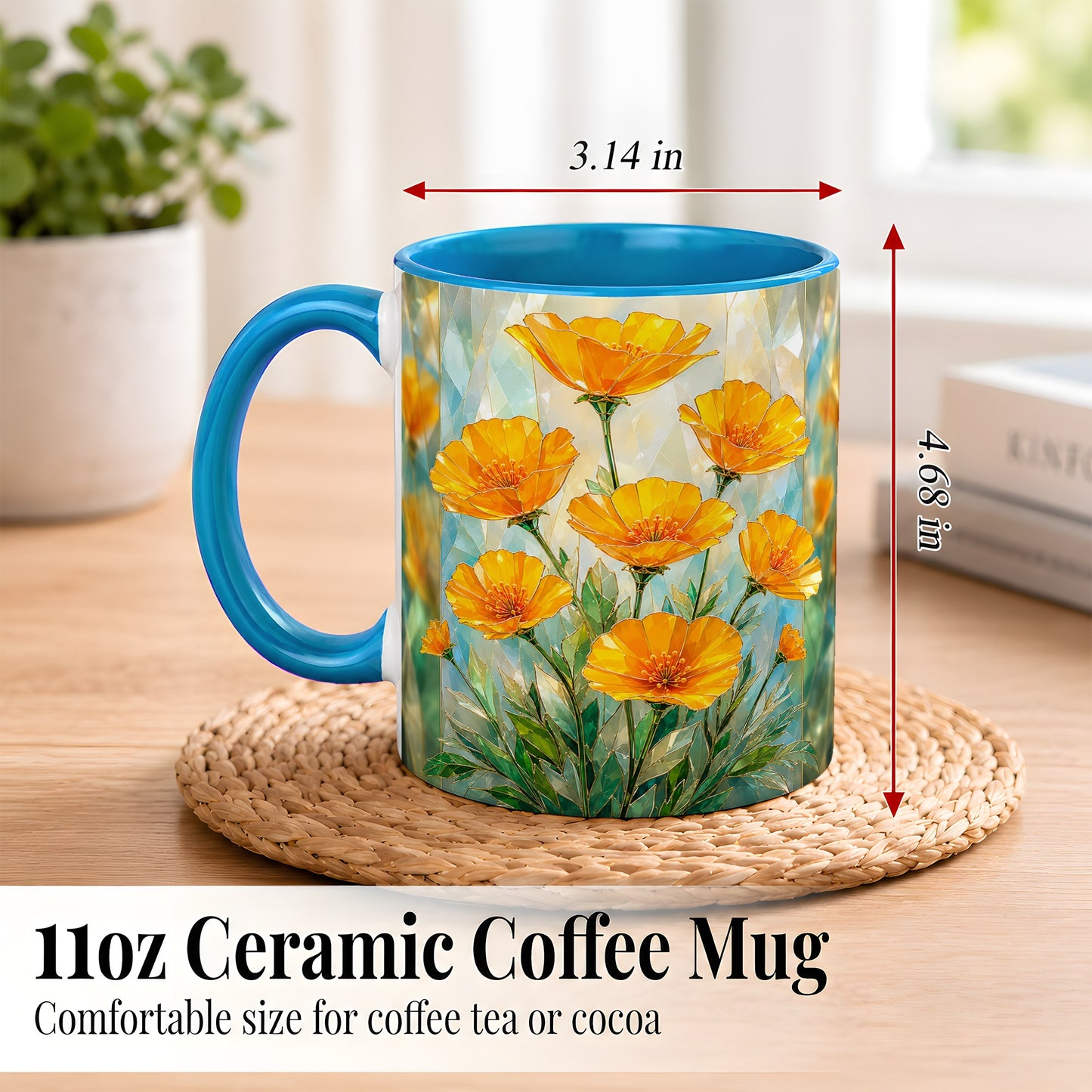 #pl[11oz|Blue] Orange Poppy Coffee Mug, Stained Glass Style Mug, Ceramic Cup