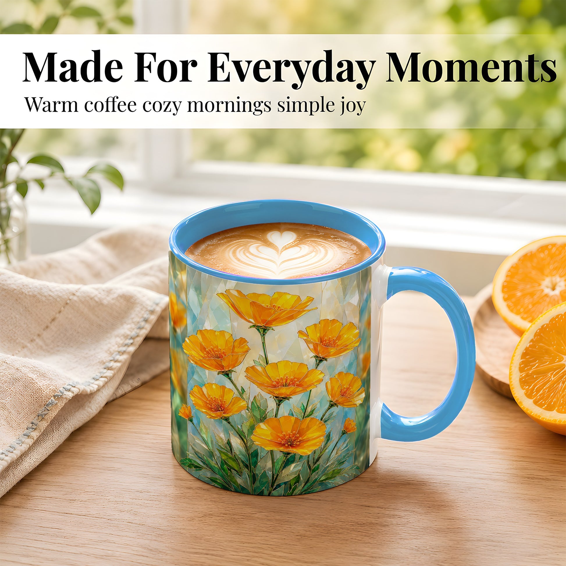 #pl[11oz|Blue] Orange Poppy Coffee Mug, Stained Glass Style Mug, Ceramic Cup