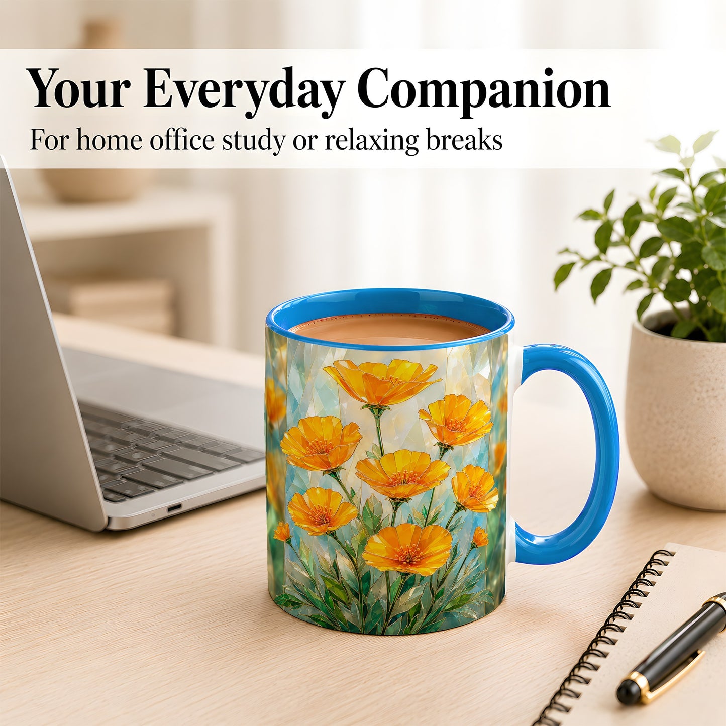 #pl[11oz|Blue] Orange Poppy Coffee Mug, Stained Glass Style Mug, Ceramic Cup