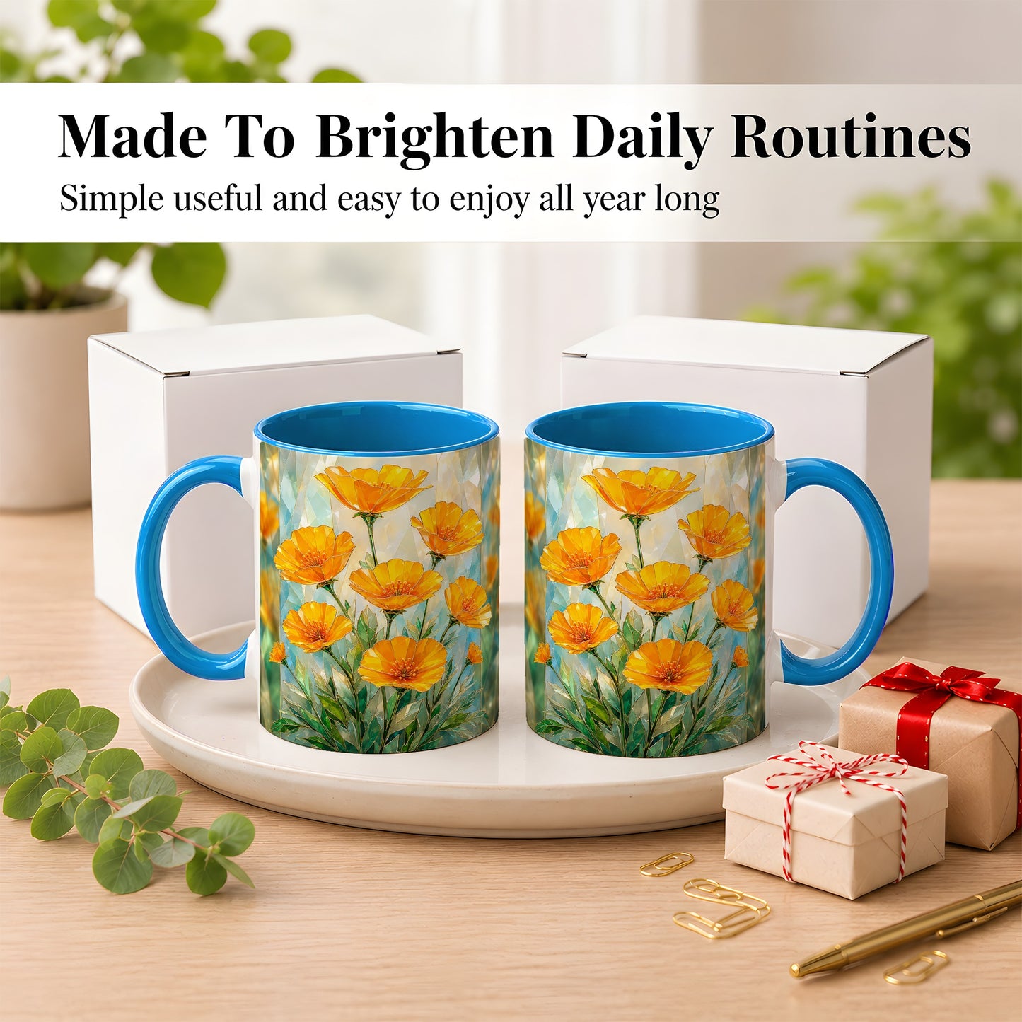 #pl[11oz|Blue] Orange Poppy Coffee Mug, Stained Glass Style Mug, Ceramic Cup