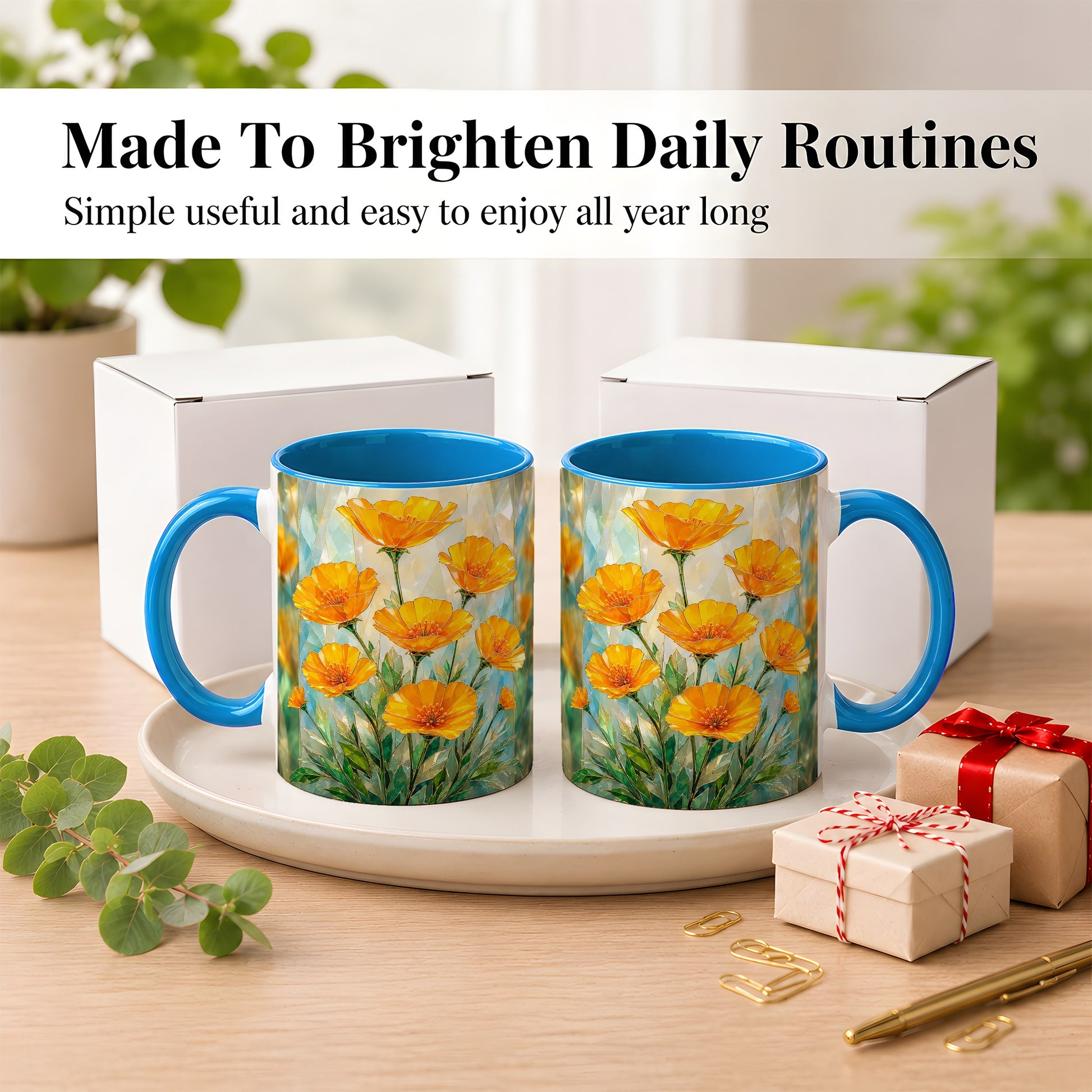 #pl[11oz|Blue] Orange Poppy Coffee Mug, Stained Glass Style Mug, Ceramic Cup