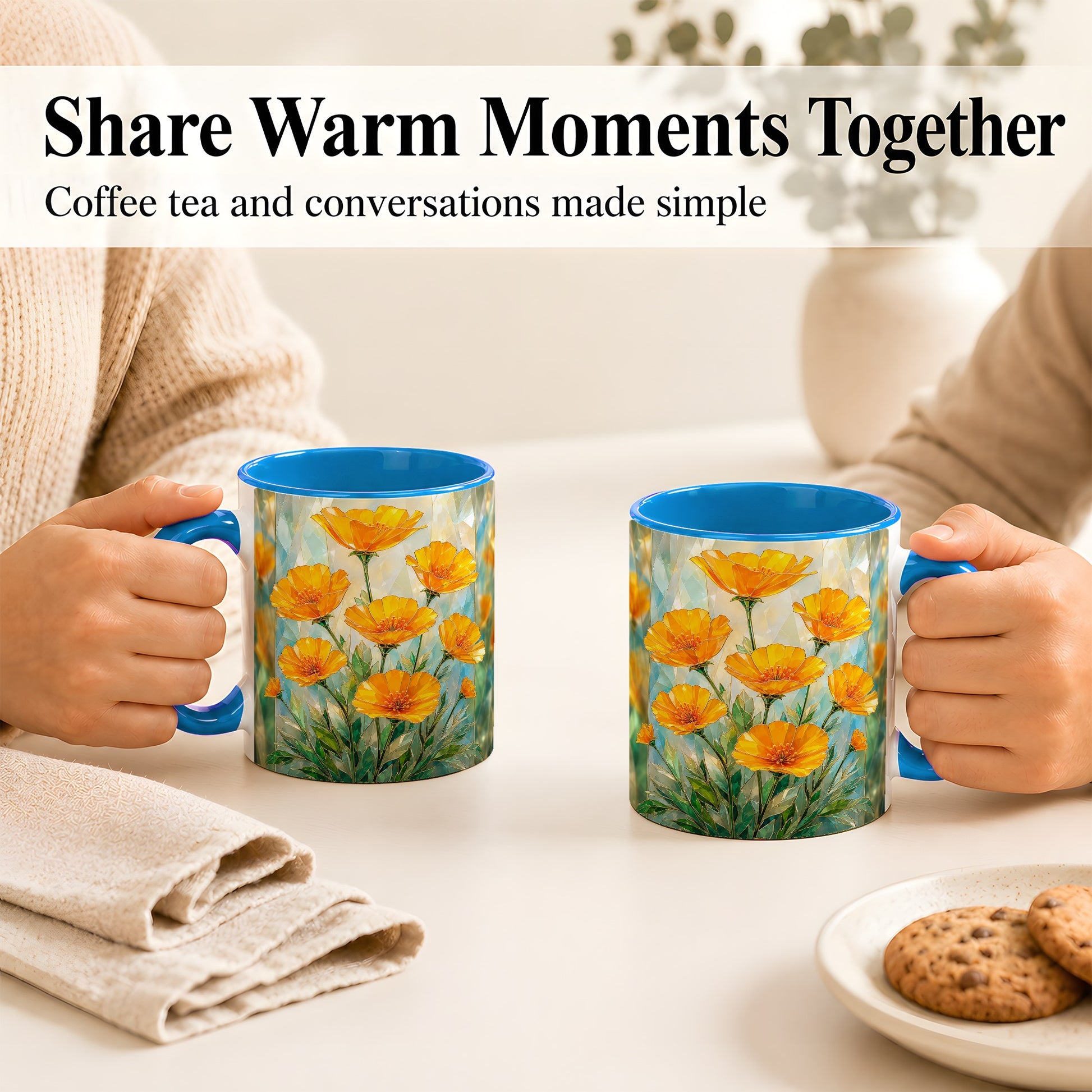 #pl[11oz|Blue] Orange Poppy Coffee Mug, Stained Glass Style Mug, Ceramic Cup
