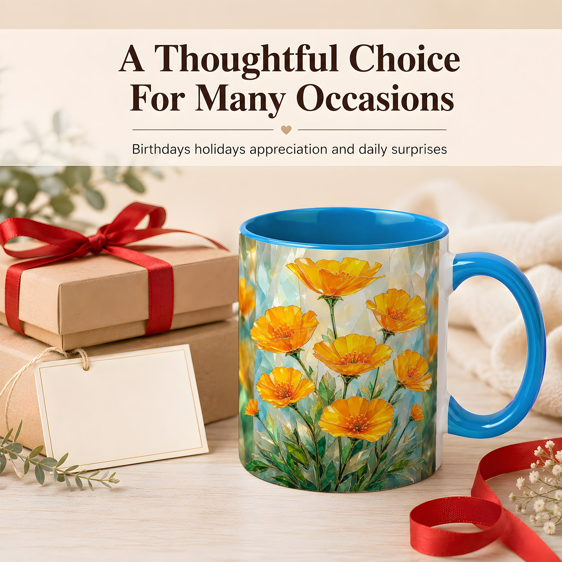 #pl[11oz|Blue] Orange Poppy Coffee Mug, Stained Glass Style Mug, Ceramic Cup