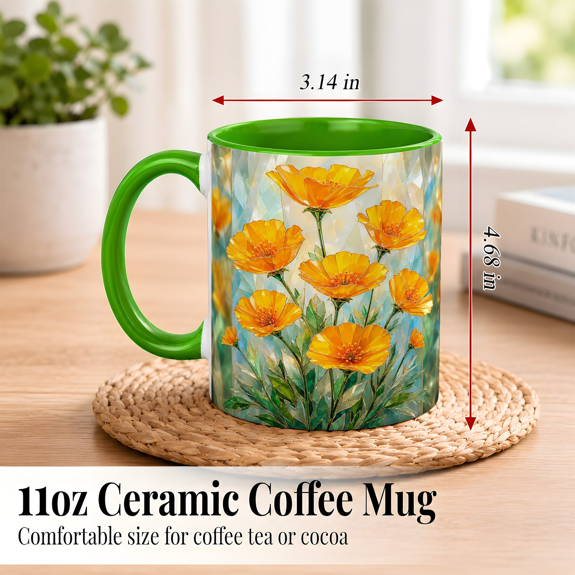 #pl[11oz|Green] Orange Poppy Coffee Mug, Stained Glass Style Mug, Ceramic Cup