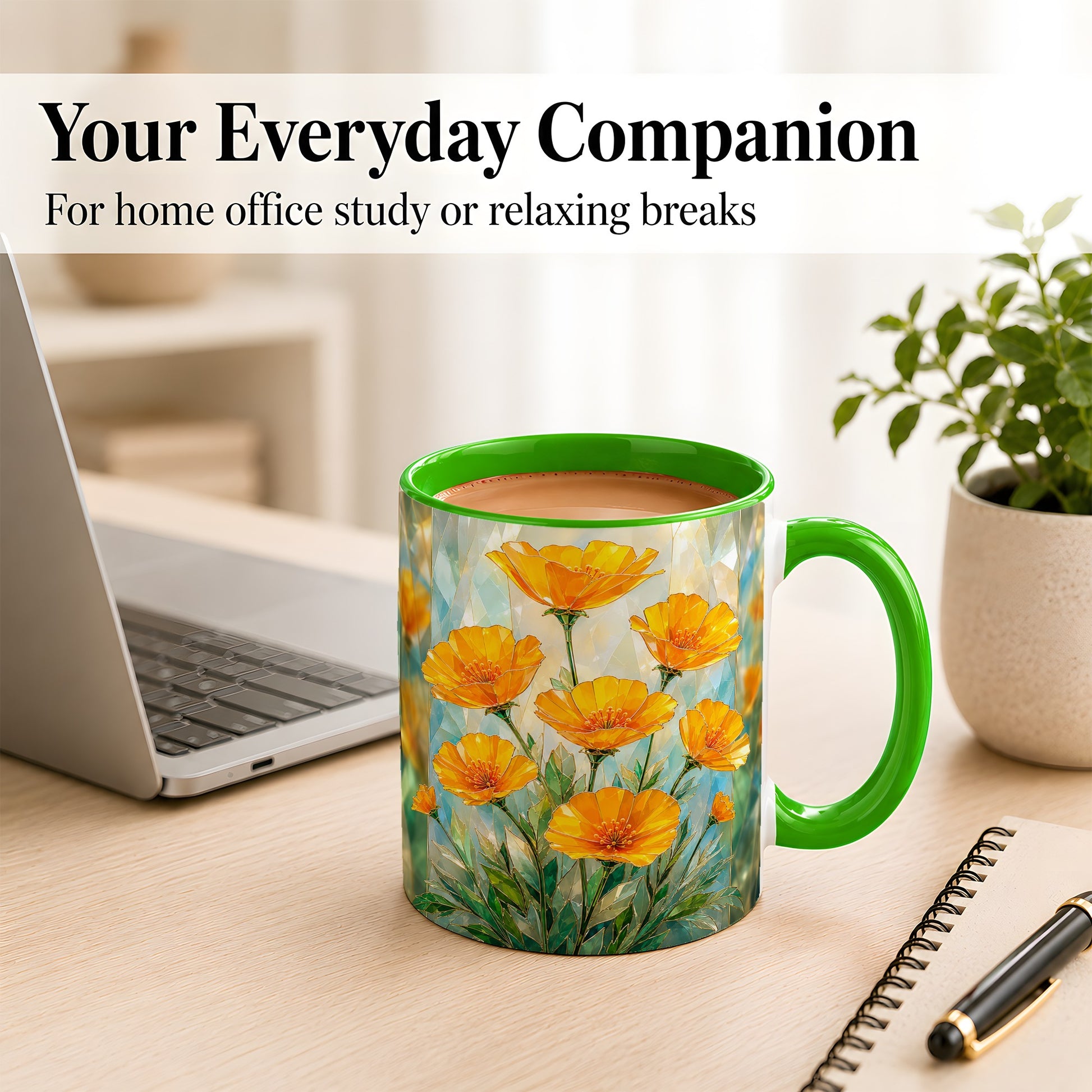 #pl[11oz|Green] Orange Poppy Coffee Mug, Stained Glass Style Mug, Ceramic Cup