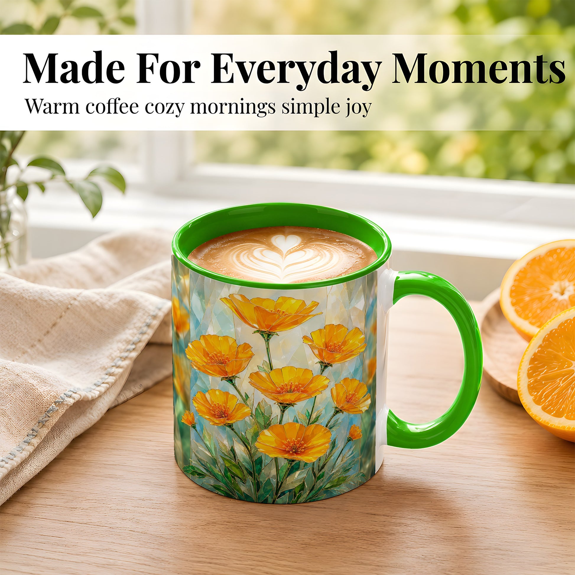 #pl[11oz|Green] Orange Poppy Coffee Mug, Stained Glass Style Mug, Ceramic Cup