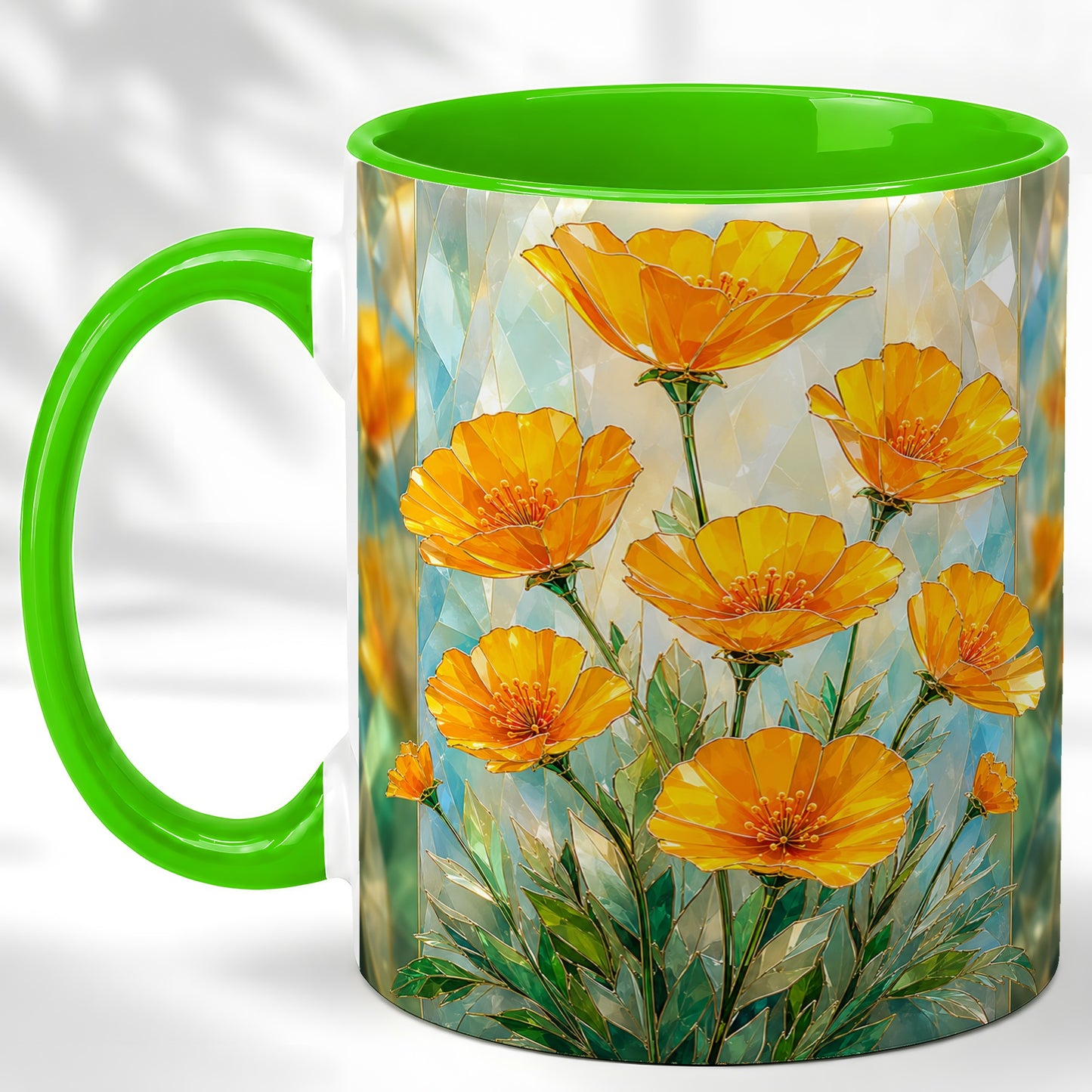 #pl[11oz|Green] Orange Poppy Coffee Mug, Stained Glass Style Mug, Ceramic Cup