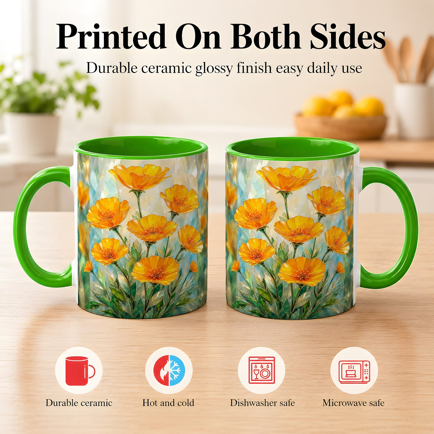 #pl[11oz|Green] Orange Poppy Coffee Mug, Stained Glass Style Mug, Ceramic Cup