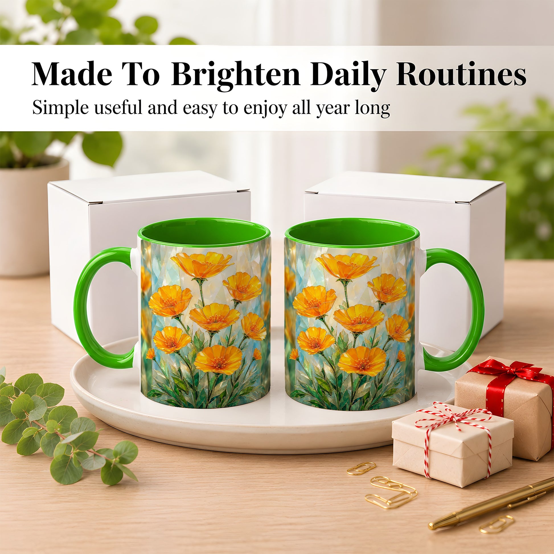 #pl[11oz|Green] Orange Poppy Coffee Mug, Stained Glass Style Mug, Ceramic Cup