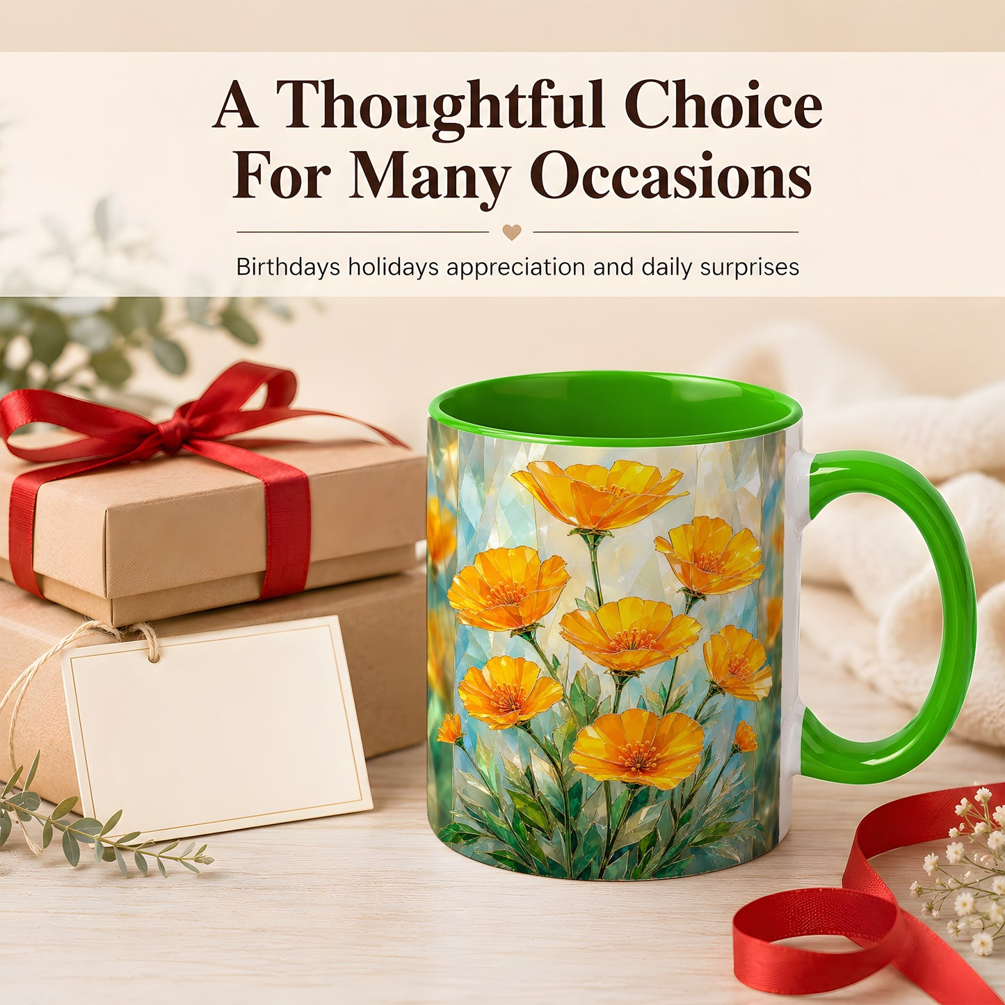 #pl[11oz|Green] Orange Poppy Coffee Mug, Stained Glass Style Mug, Ceramic Cup