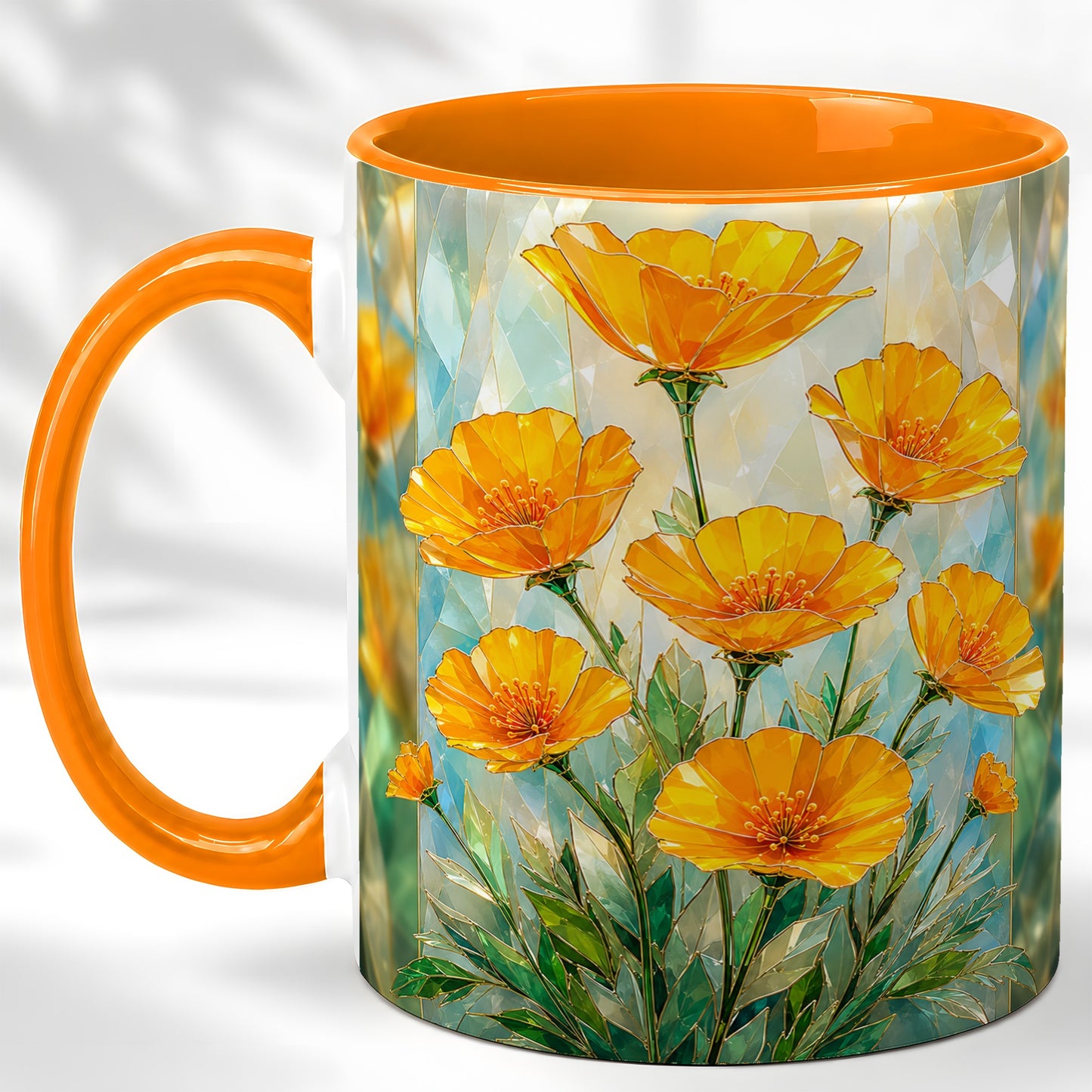 #pl[11oz|Orange] Orange Poppy Coffee Mug, Stained Glass Style Mug, Ceramic Cup