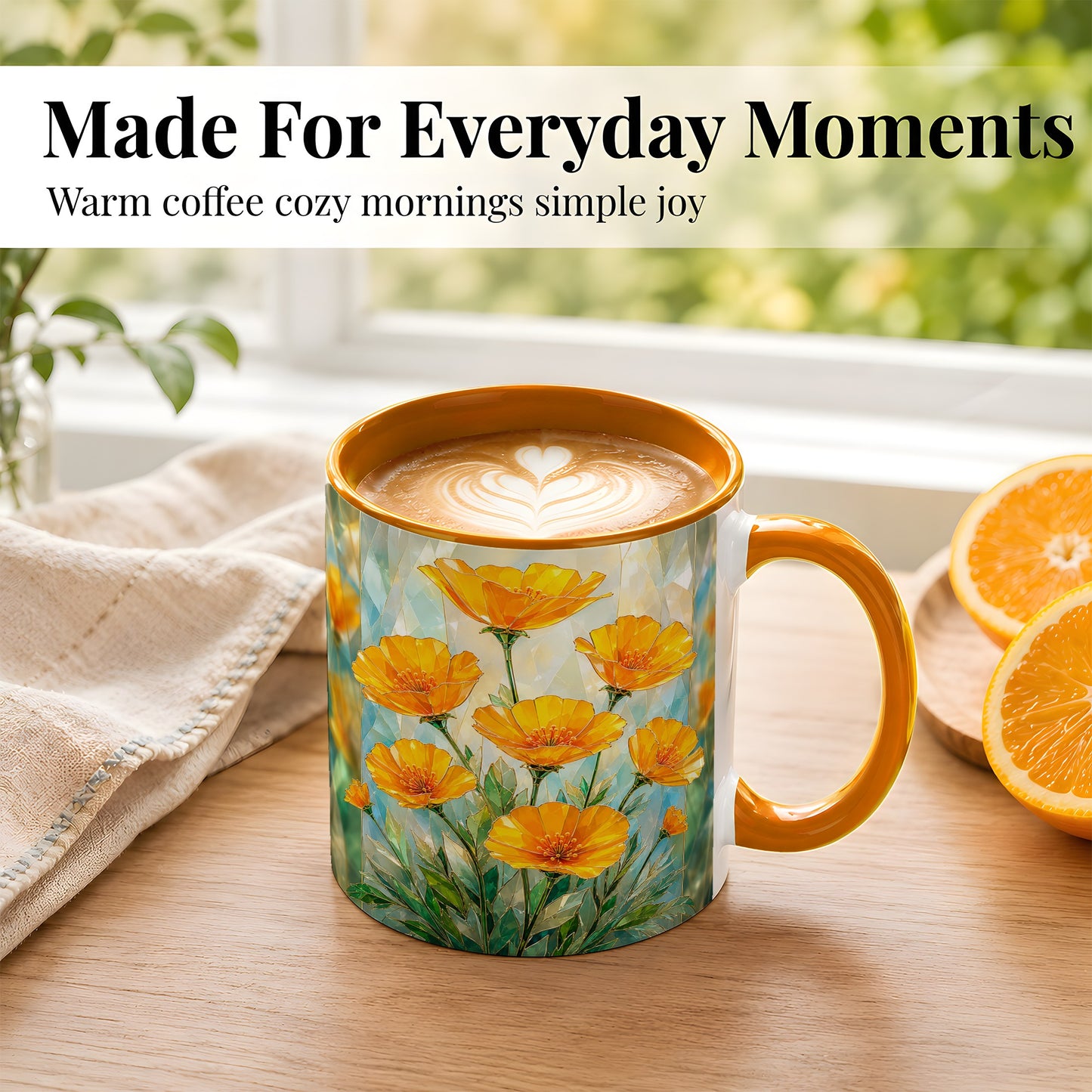 #pl[11oz|Orange] Orange Poppy Coffee Mug, Stained Glass Style Mug, Ceramic Cup