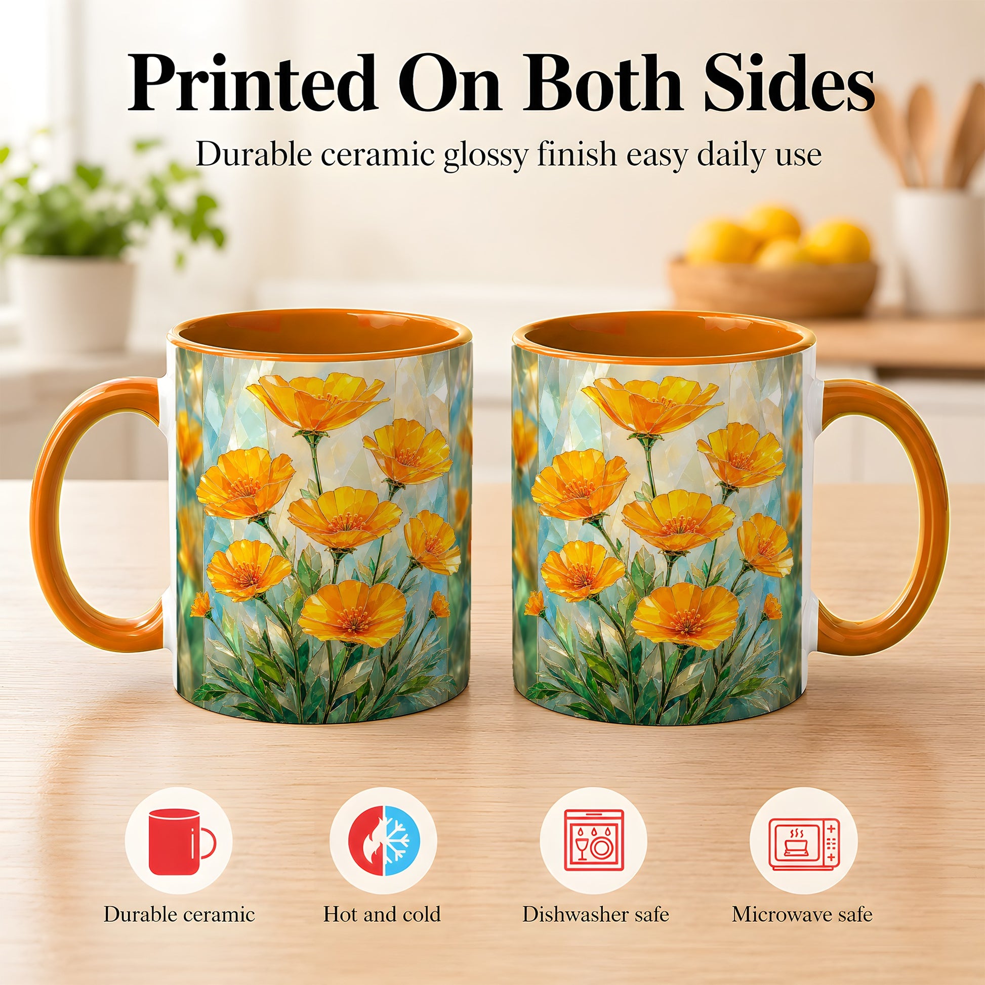 #pl[11oz|Orange] Orange Poppy Coffee Mug, Stained Glass Style Mug, Ceramic Cup